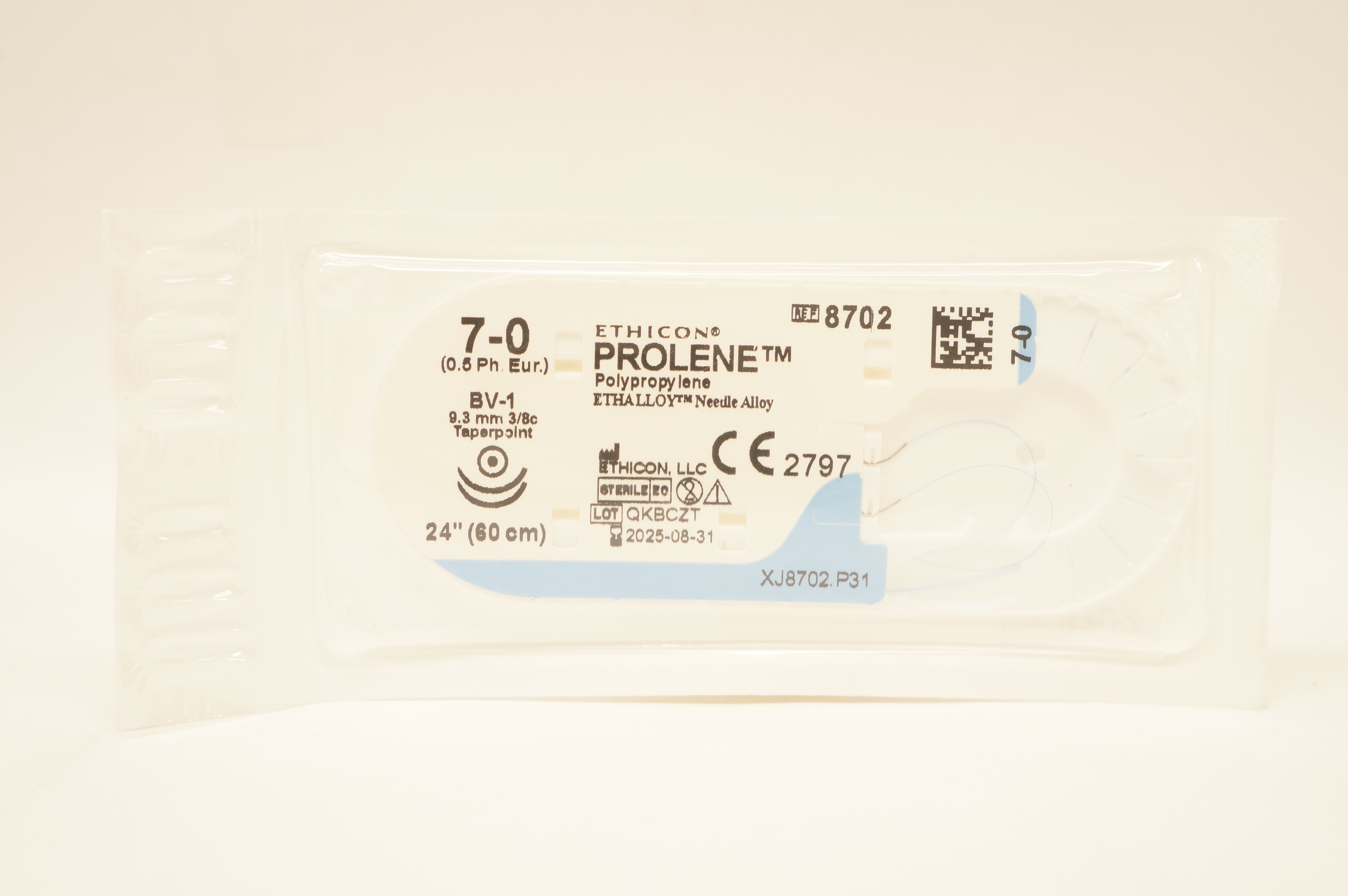 Ethicon 8702 7-0 Prolene Polypropylene Stre BV-1 9.3mm 3/8c Taperpoint, 24inch