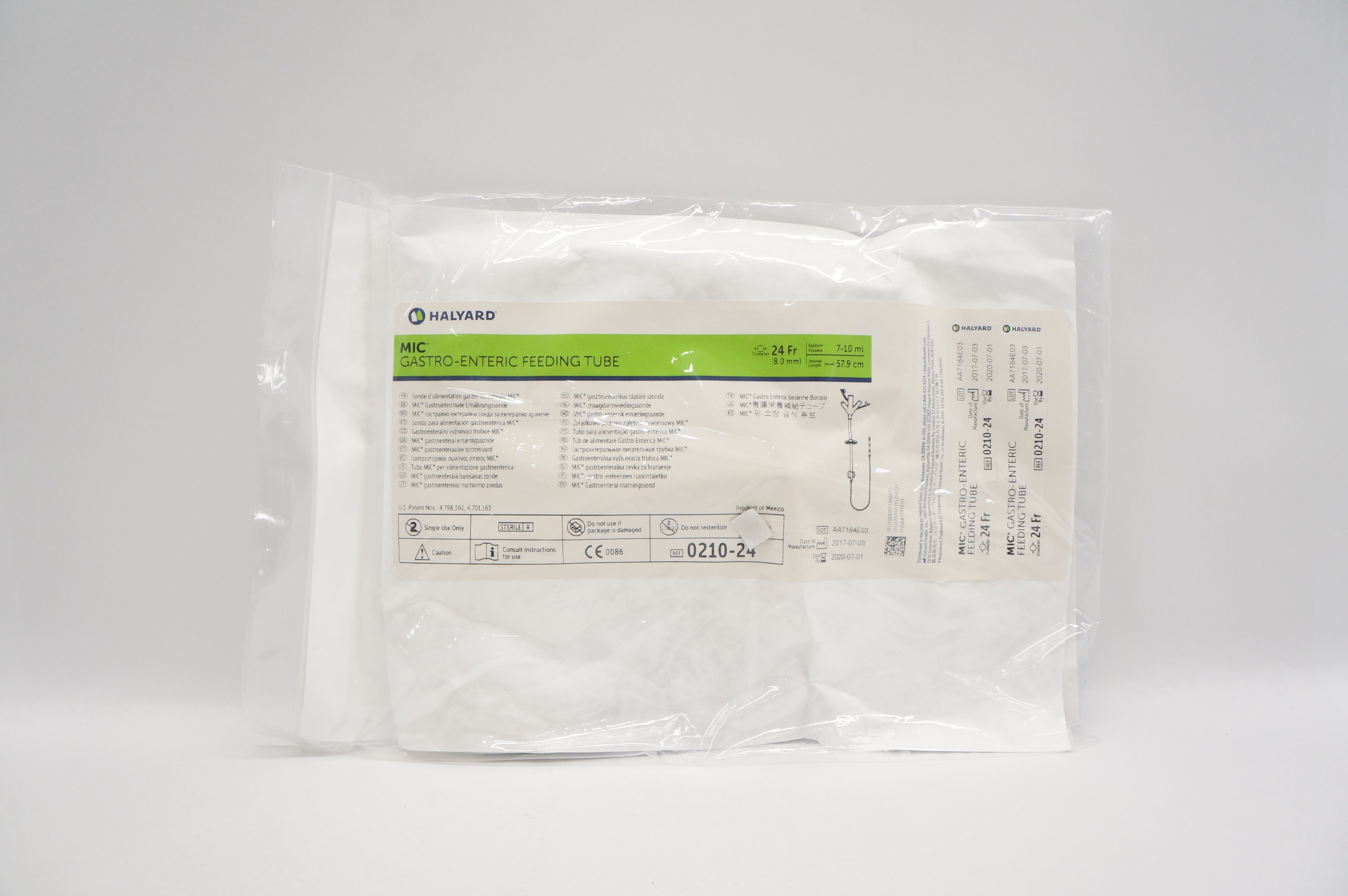 Halyard 0210-24 Mic Gastro-Enteric Feeding Tube 24Fr x 7-10ml x 57.9cm (x)