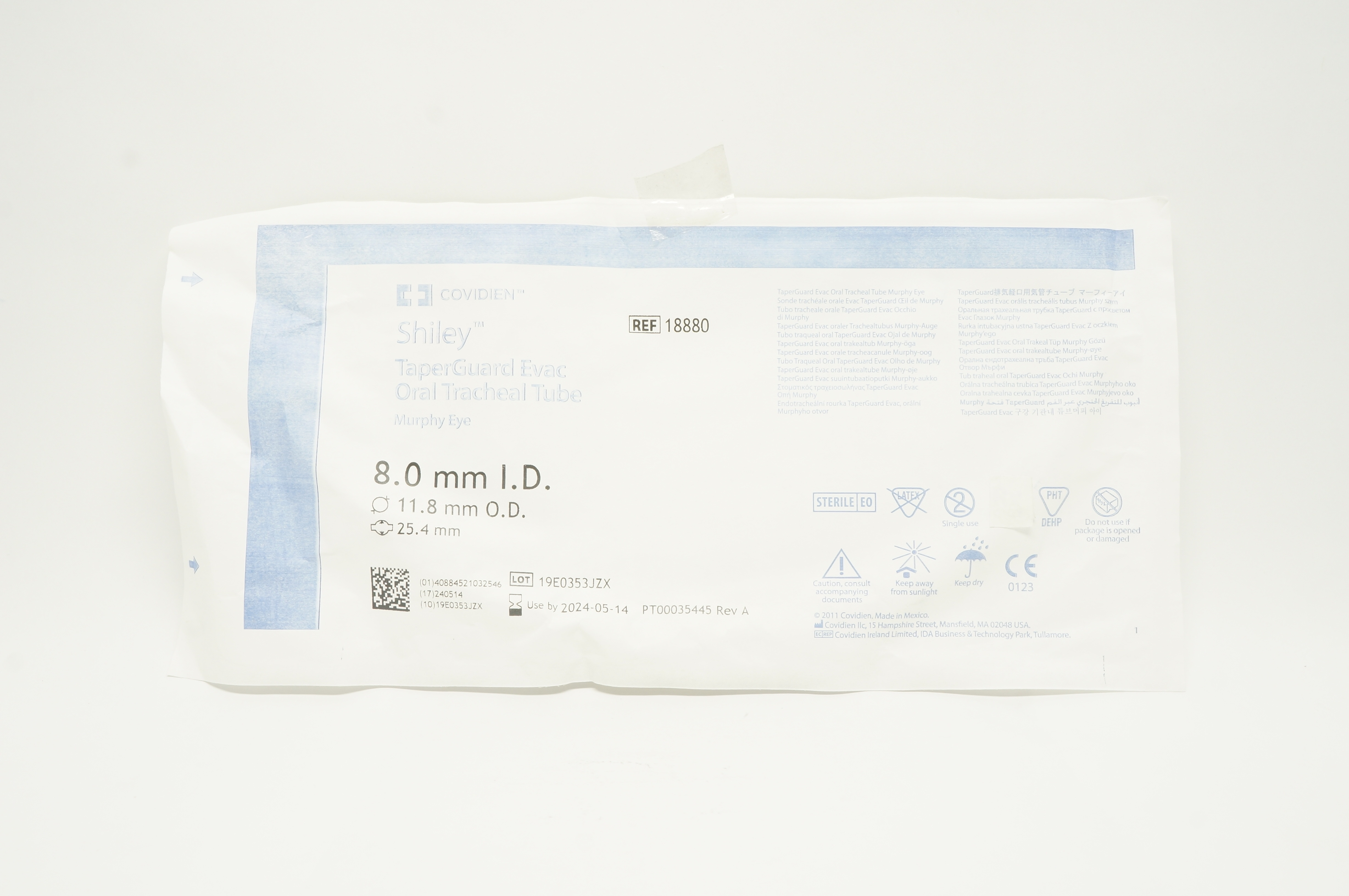 Covidien 18880 Shiley TaperGuard Evac Oral Tracheal Tube 8.0mm ID, 11.8mm OD