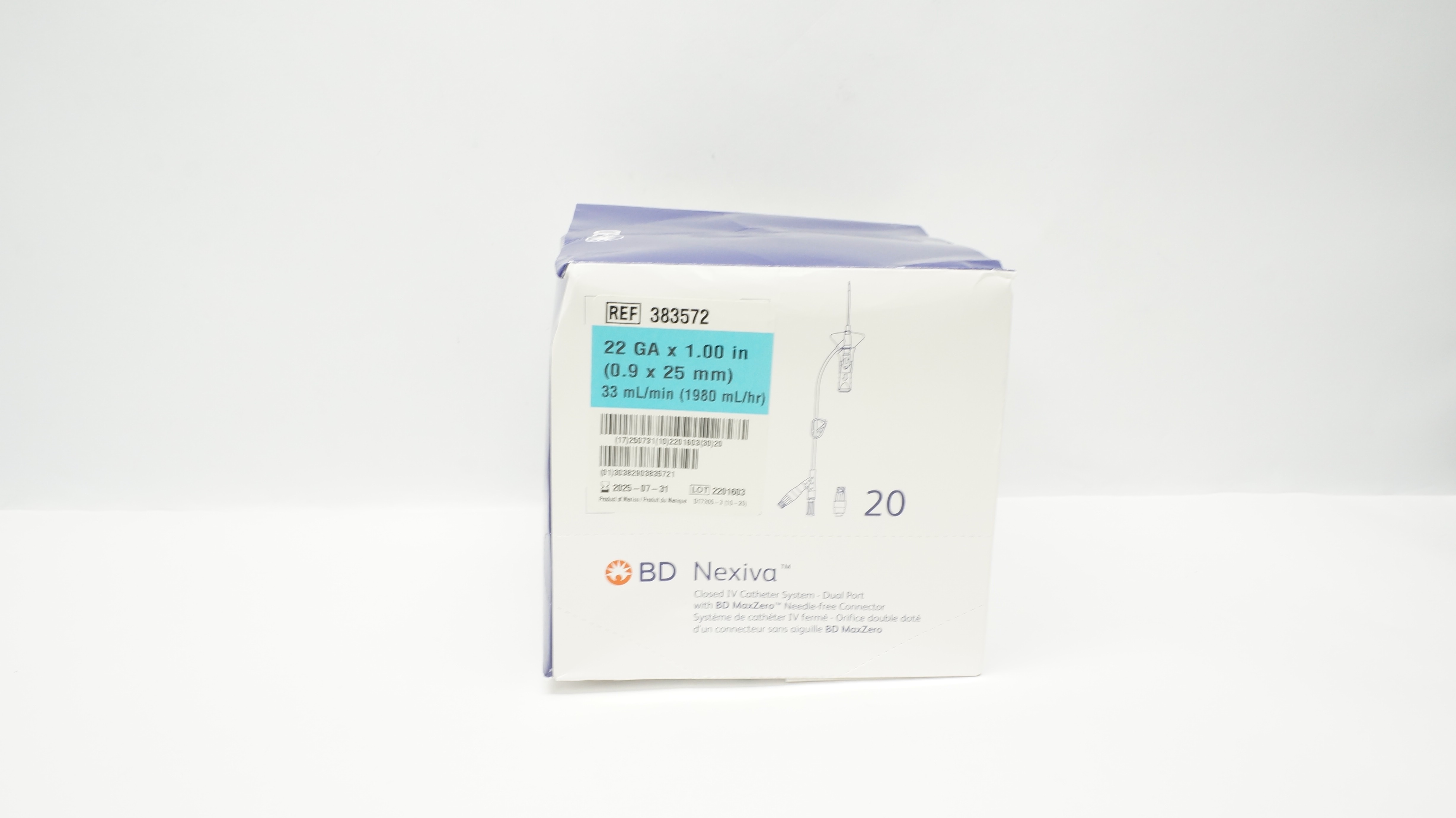 BD 383572 Nexiva Closed IV Cath. System 22Ga x 1.00inch - Box of 20