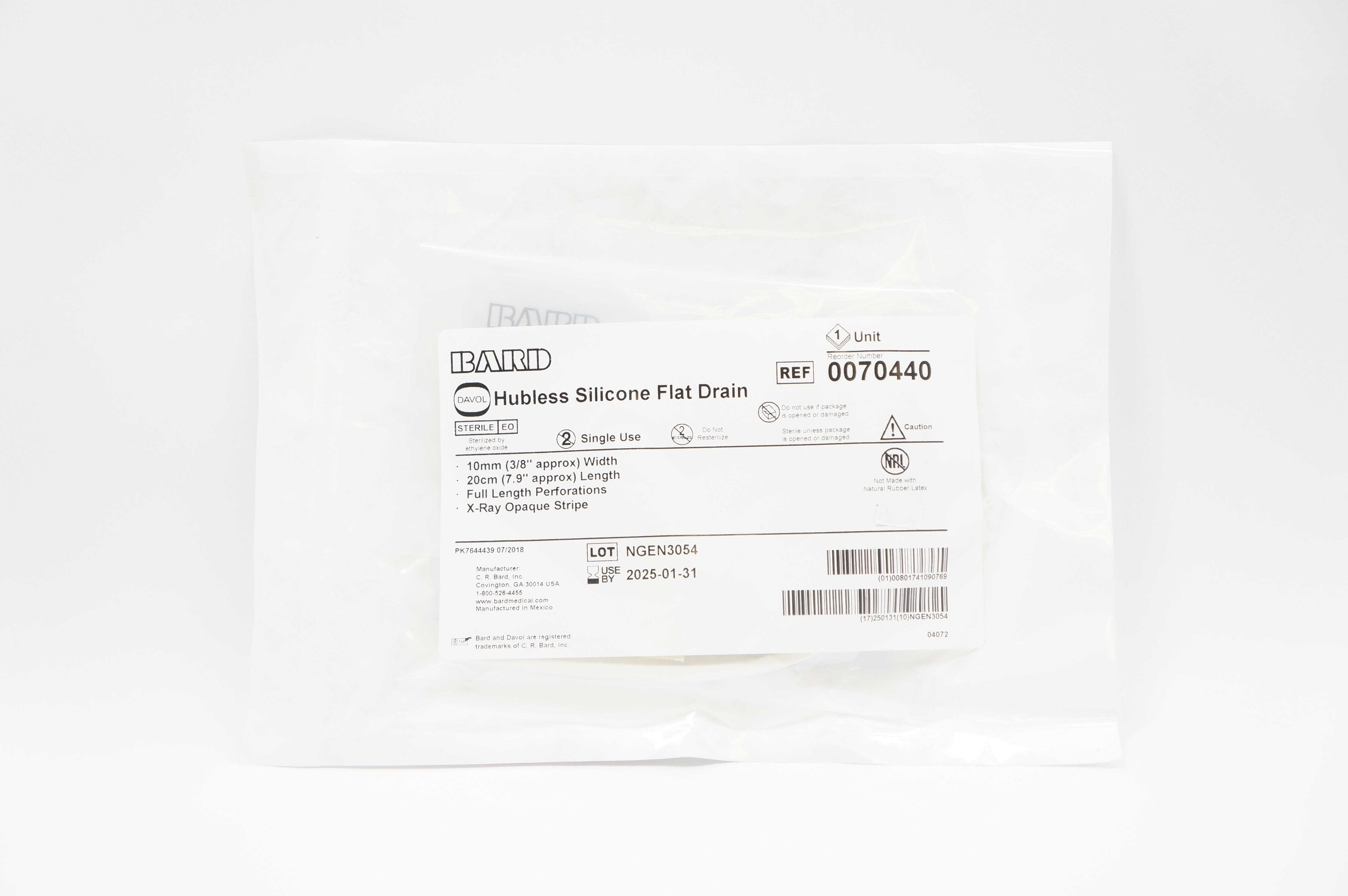 Bard 0070440 Hubless Silicone Flat Drain, Full Lenght Perforations 3/8inch x 7.9inch