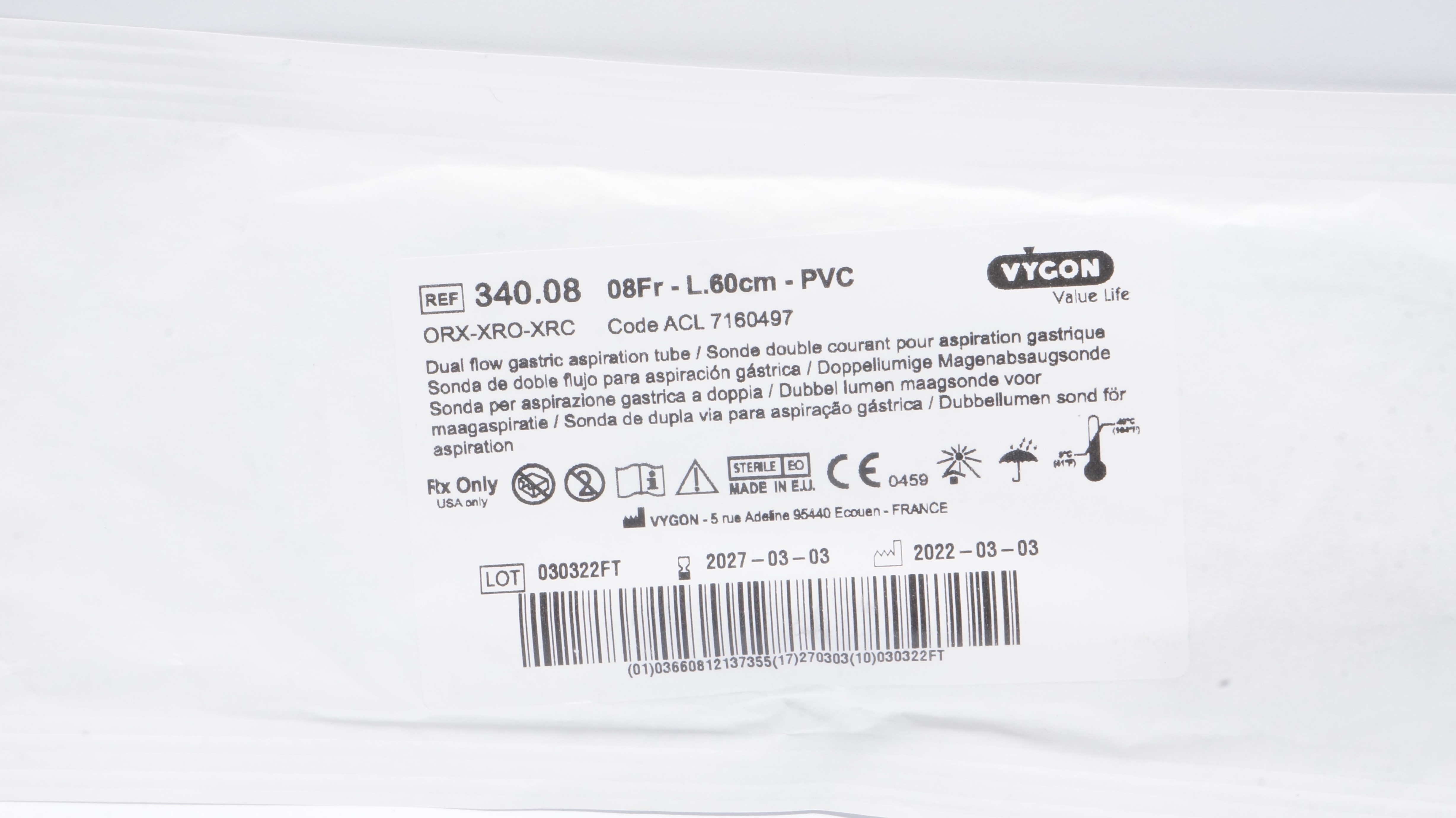 Vygon 340.08 Value Life Dual Flow Gastric Aspiration Tube PVC 08Fr x 60cm