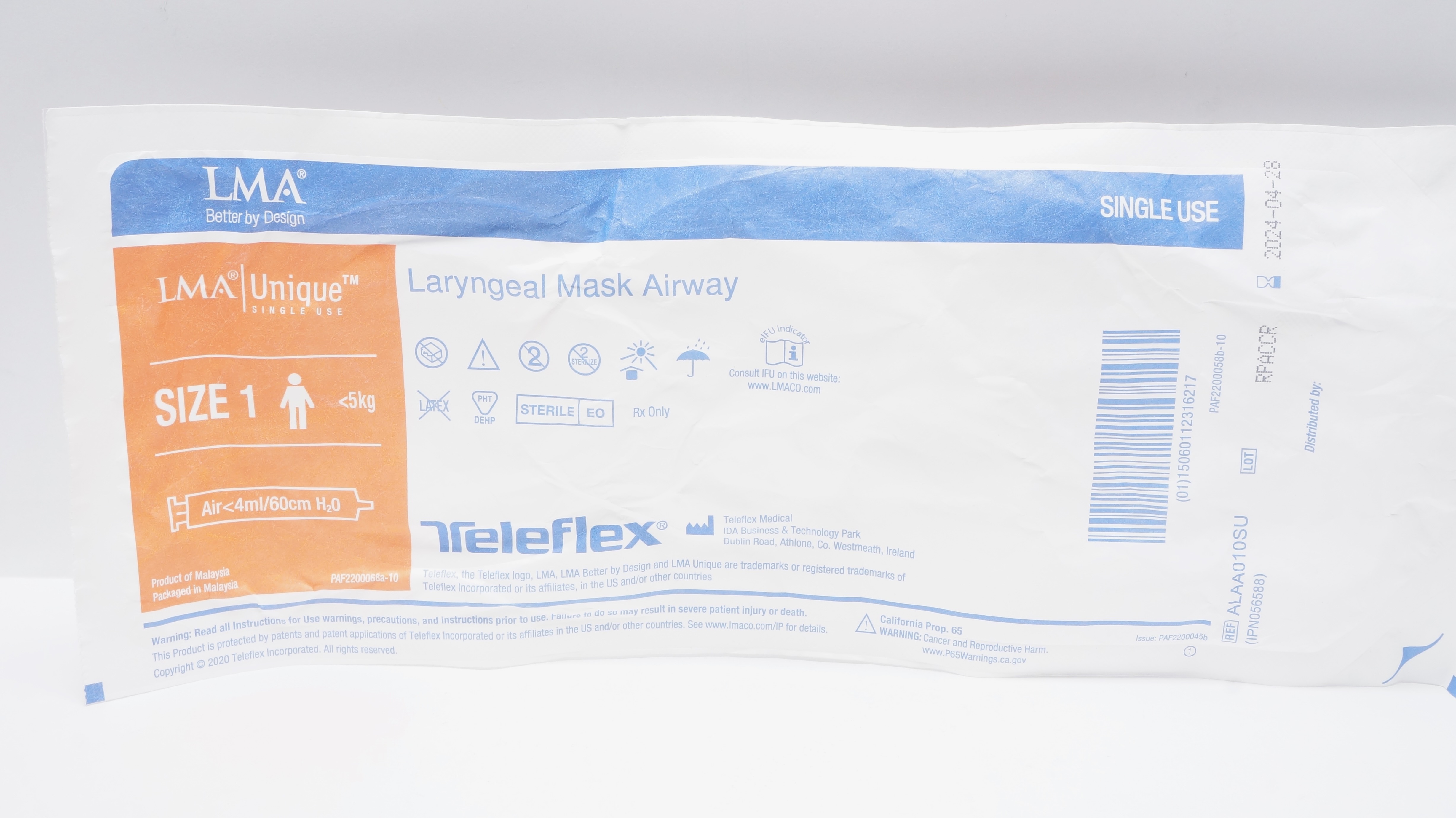 Teleflex ALAA010SU LMA Unique Laryngeal Mask Airway Size 1 <5kg <4ml/60cmH2O (x)