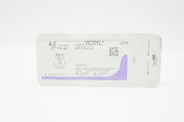 Ethicon J214 4-0 Coated VICRYL Polyglactin Stre RB-1 17mm 1/2c Taper, 27inch (x)