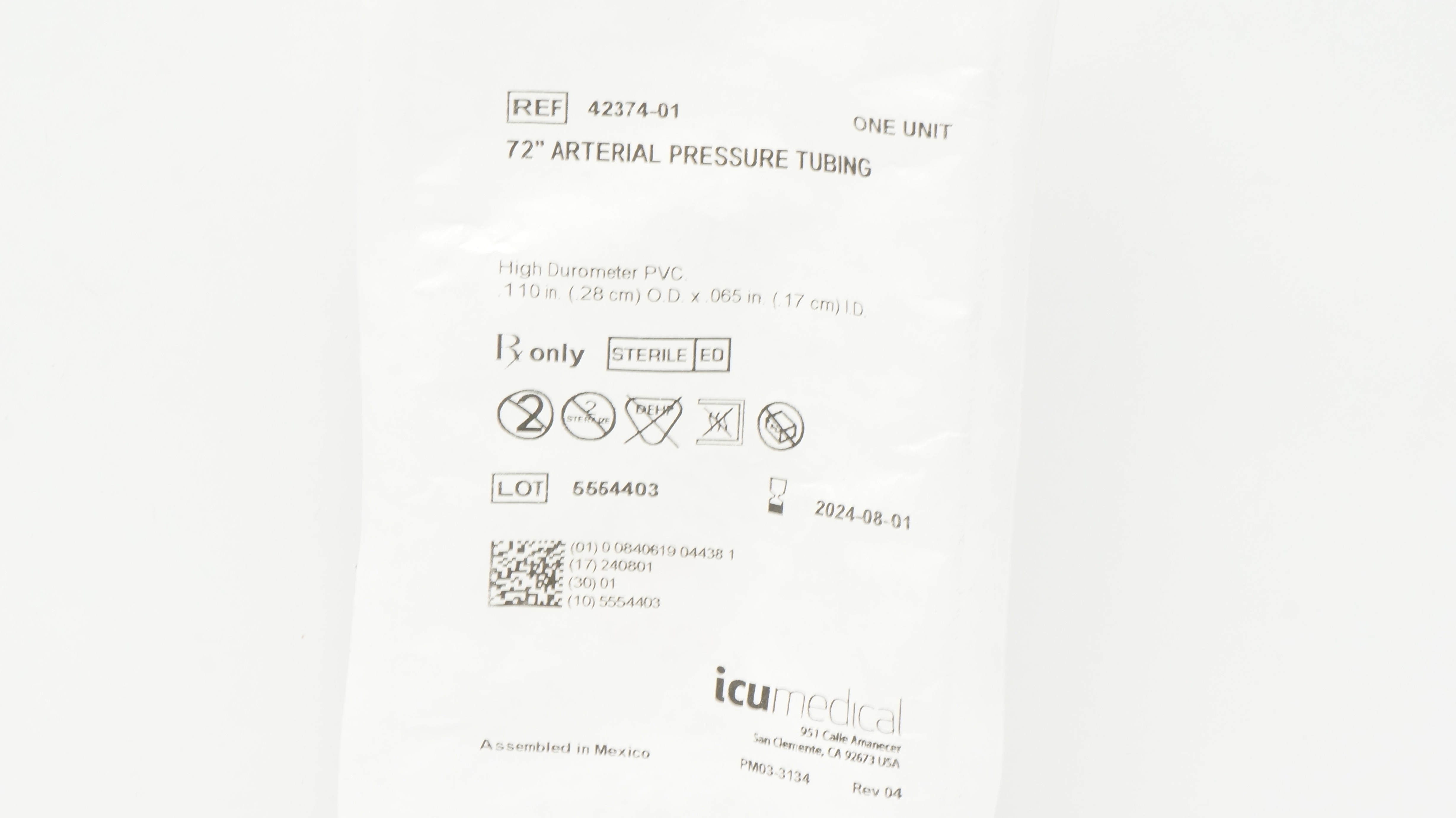 ICU Medical 42374-01 Arterial Pressure Tubing 72inch 110inch OD x .065inch ID(x)