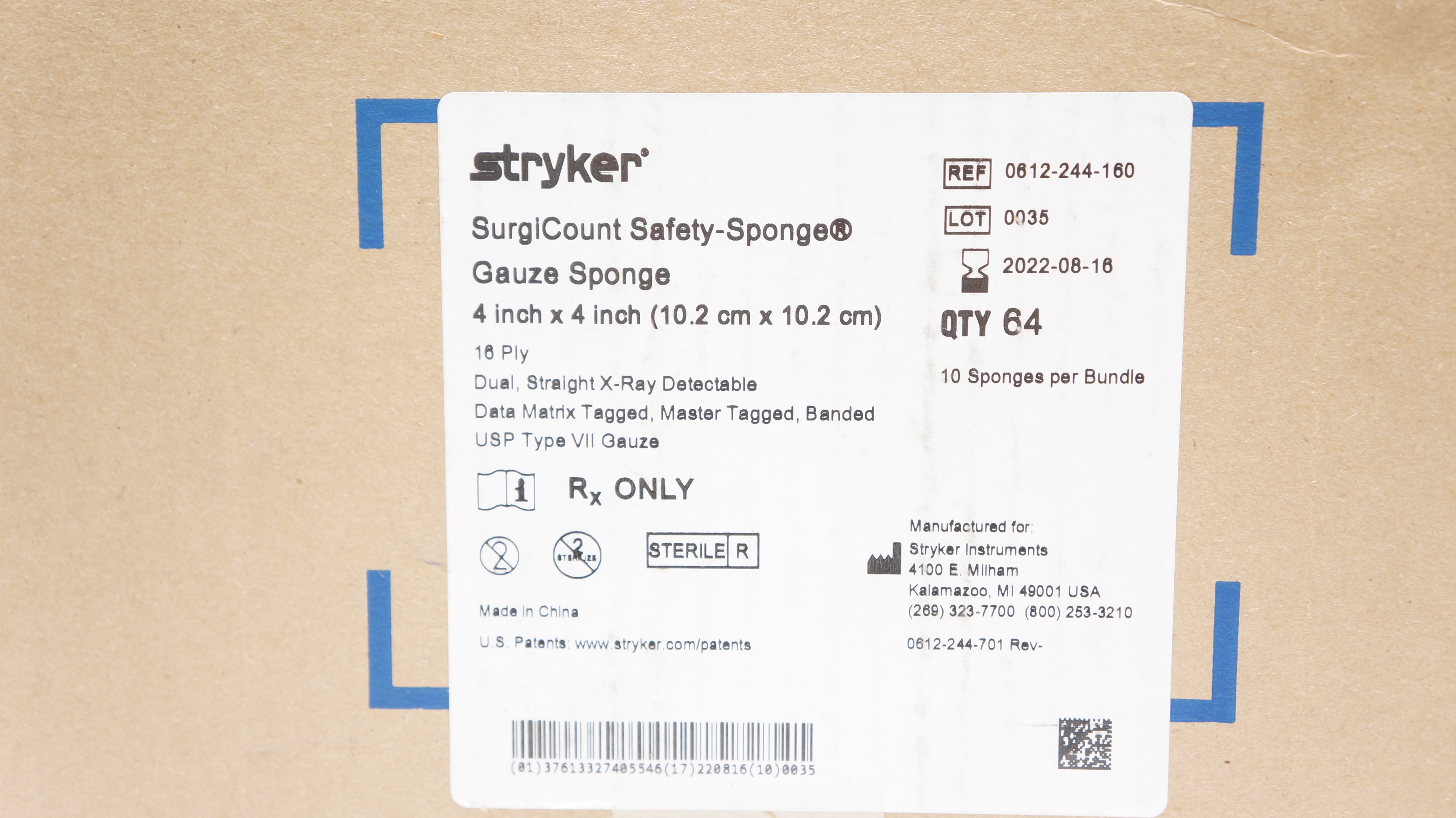 Stryker 0612-244-160 SurgiCount Safety-Sponge 4inch x 4inch (x) - Case of 64