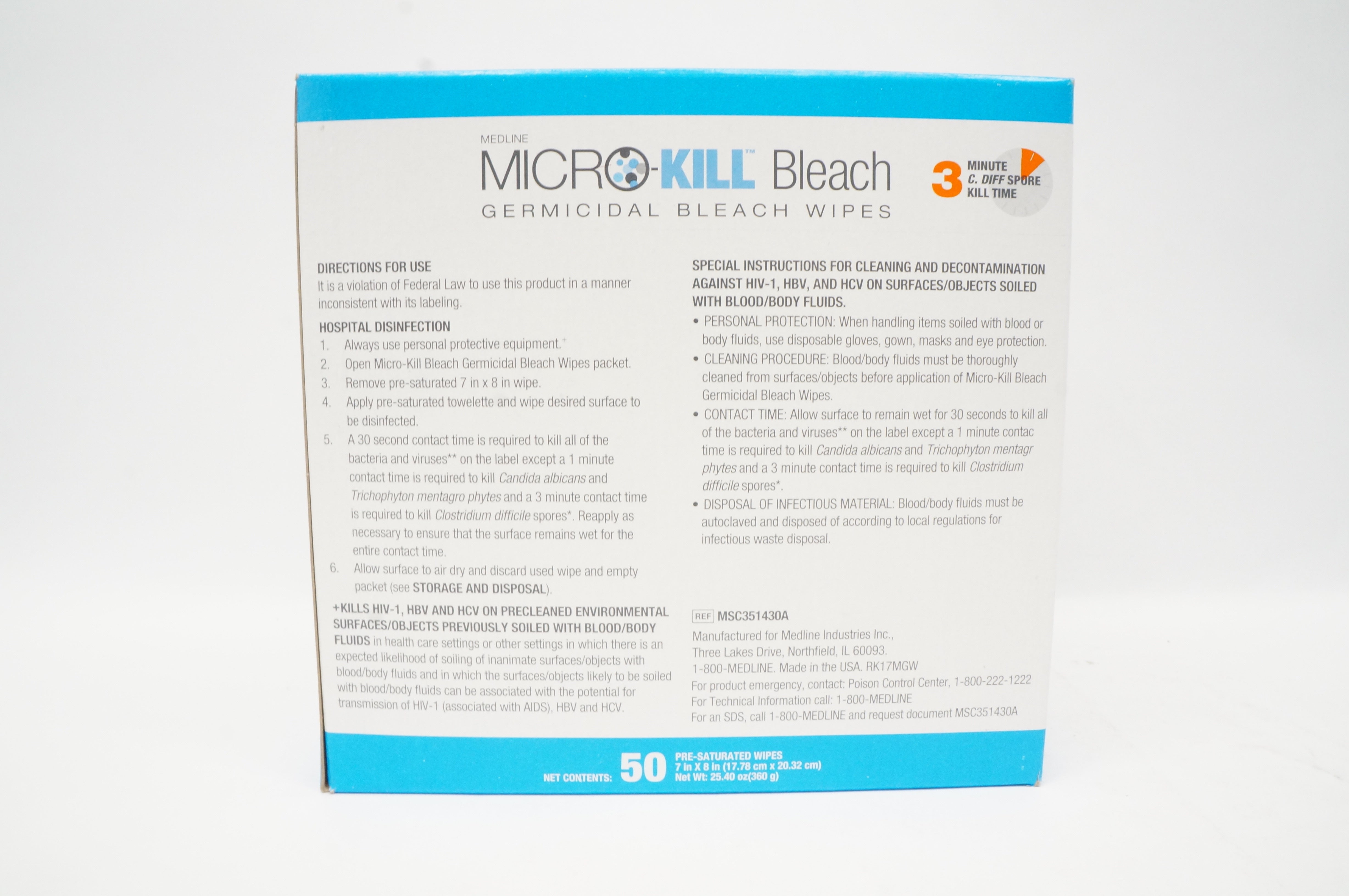 Medline MSC351430A Micro-Kill Bleach Germicidal Bleach Wipes 7 x8in. - Box of 50