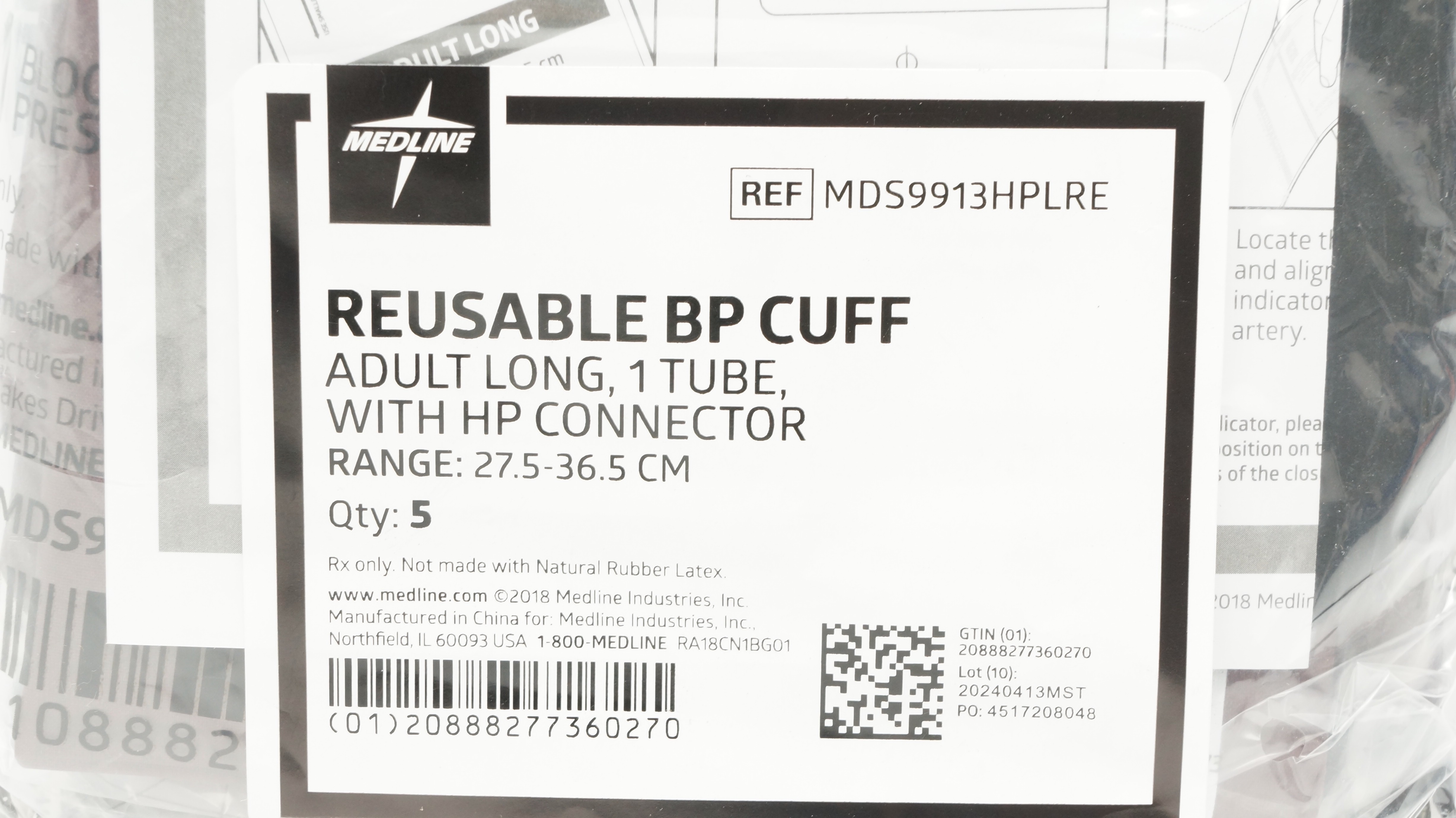 Medline MDS9913HPLRE Blood Pressure Cuff Adult Long 27.5-36.5cm - Pack of 5