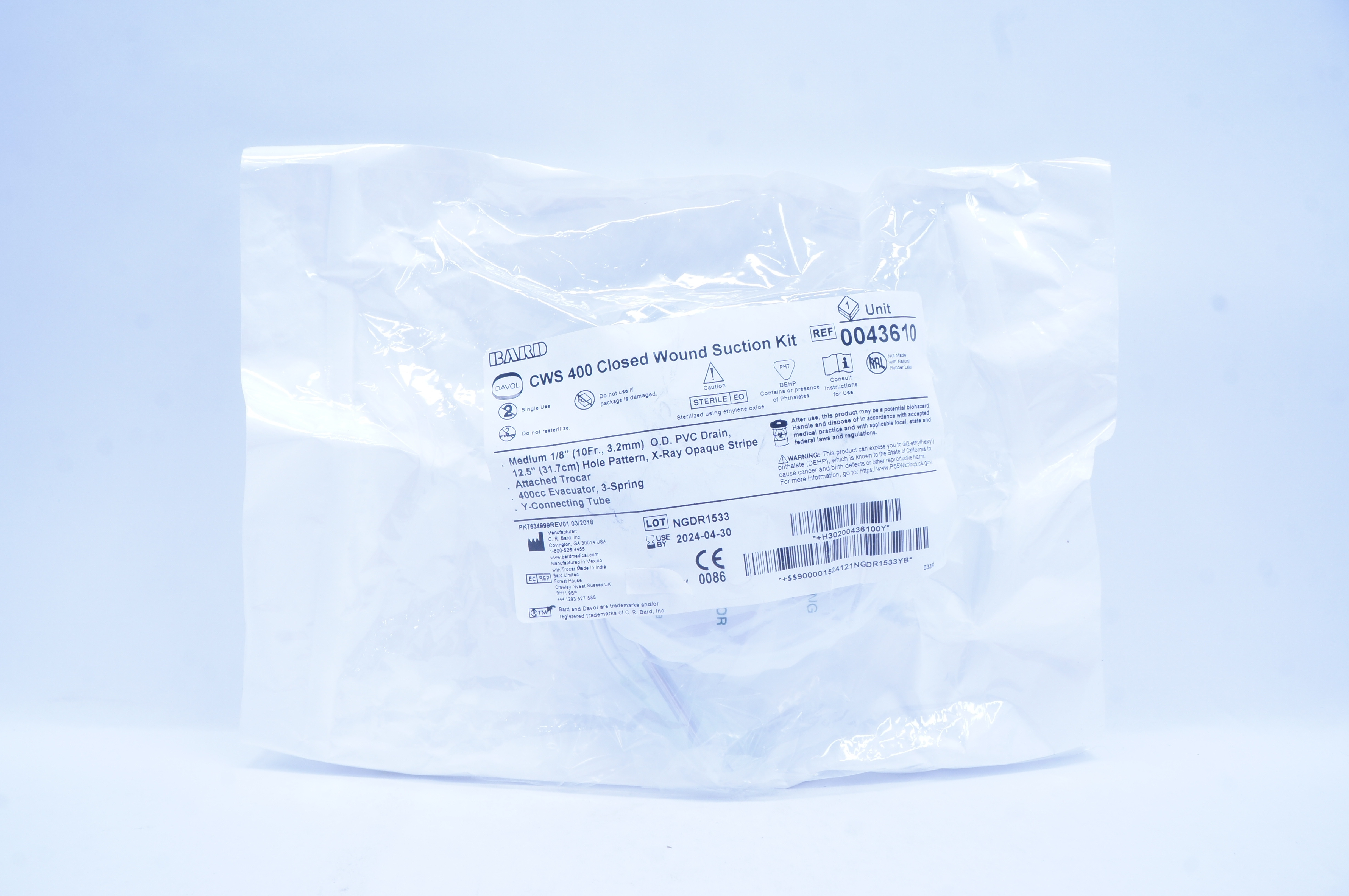 Bard 0043610 Davol CWS 400 Closed Wound Suction Kit