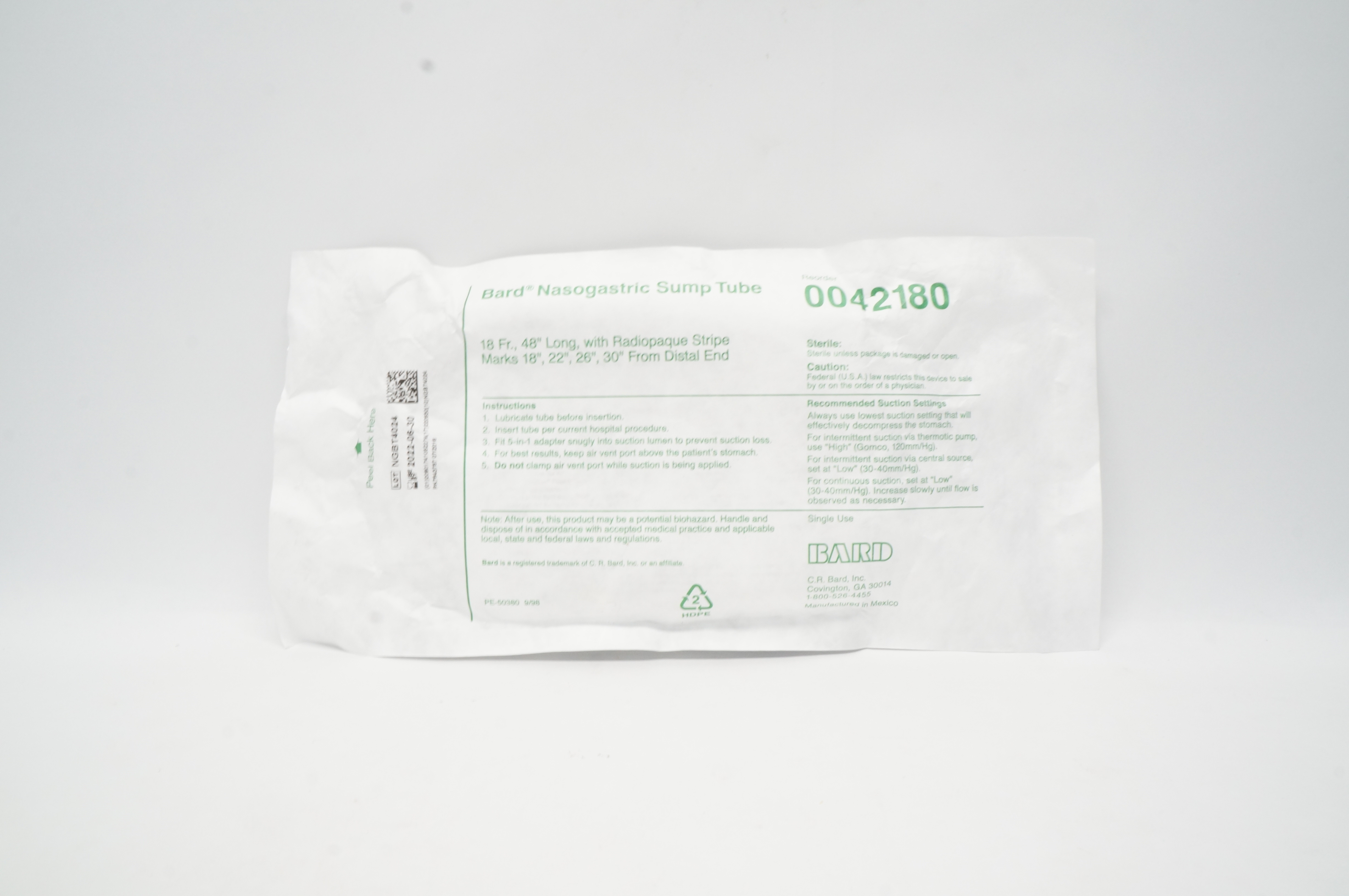 Bard 0042180 Nasogastric Sump Tube 18Fr. x 48inch