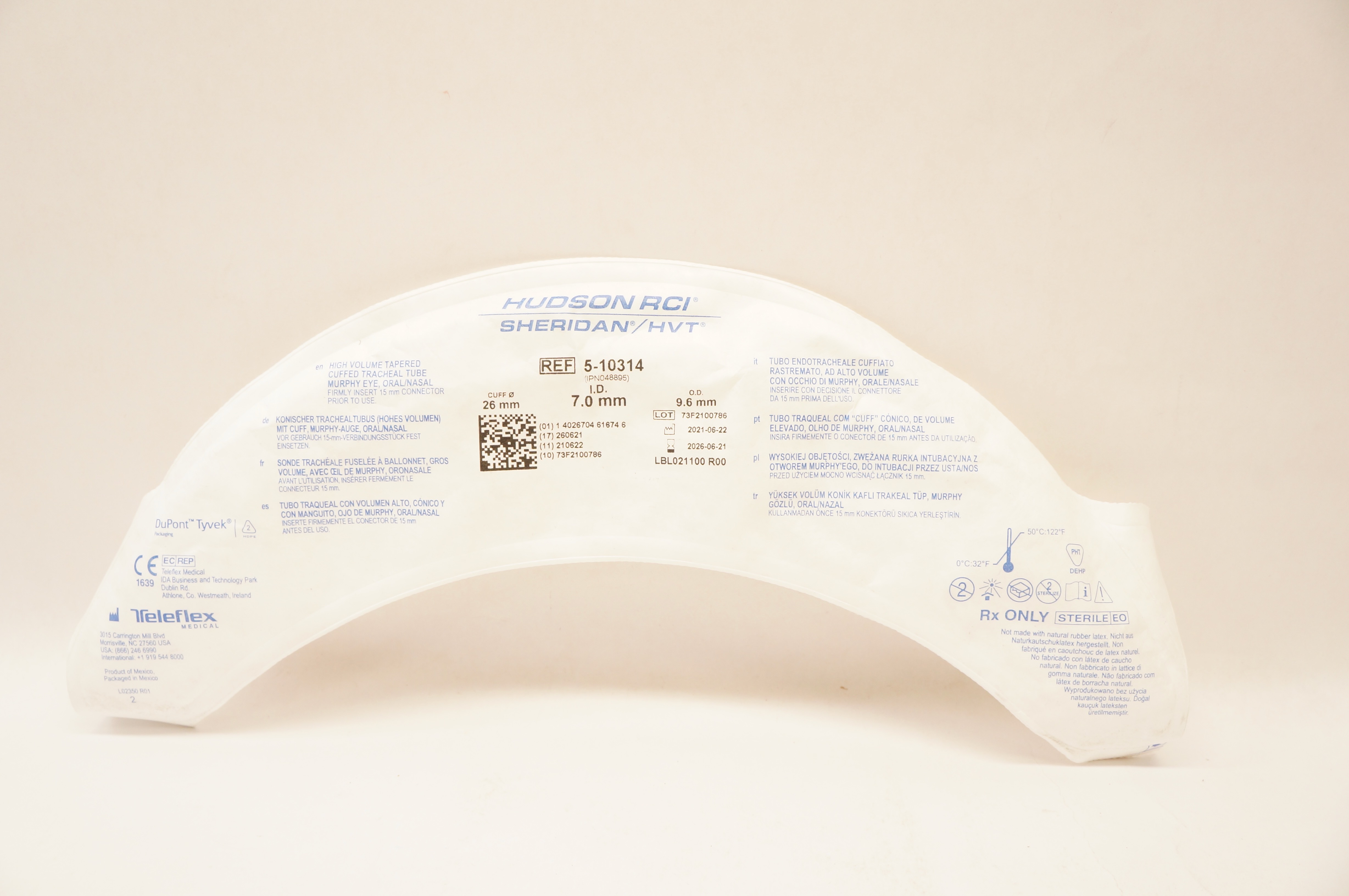 Teleflex 5-10314 Hudson RCI Sheridan HVT Cuffed Tracheal Tube 7.0 x 9.6 x 26mm