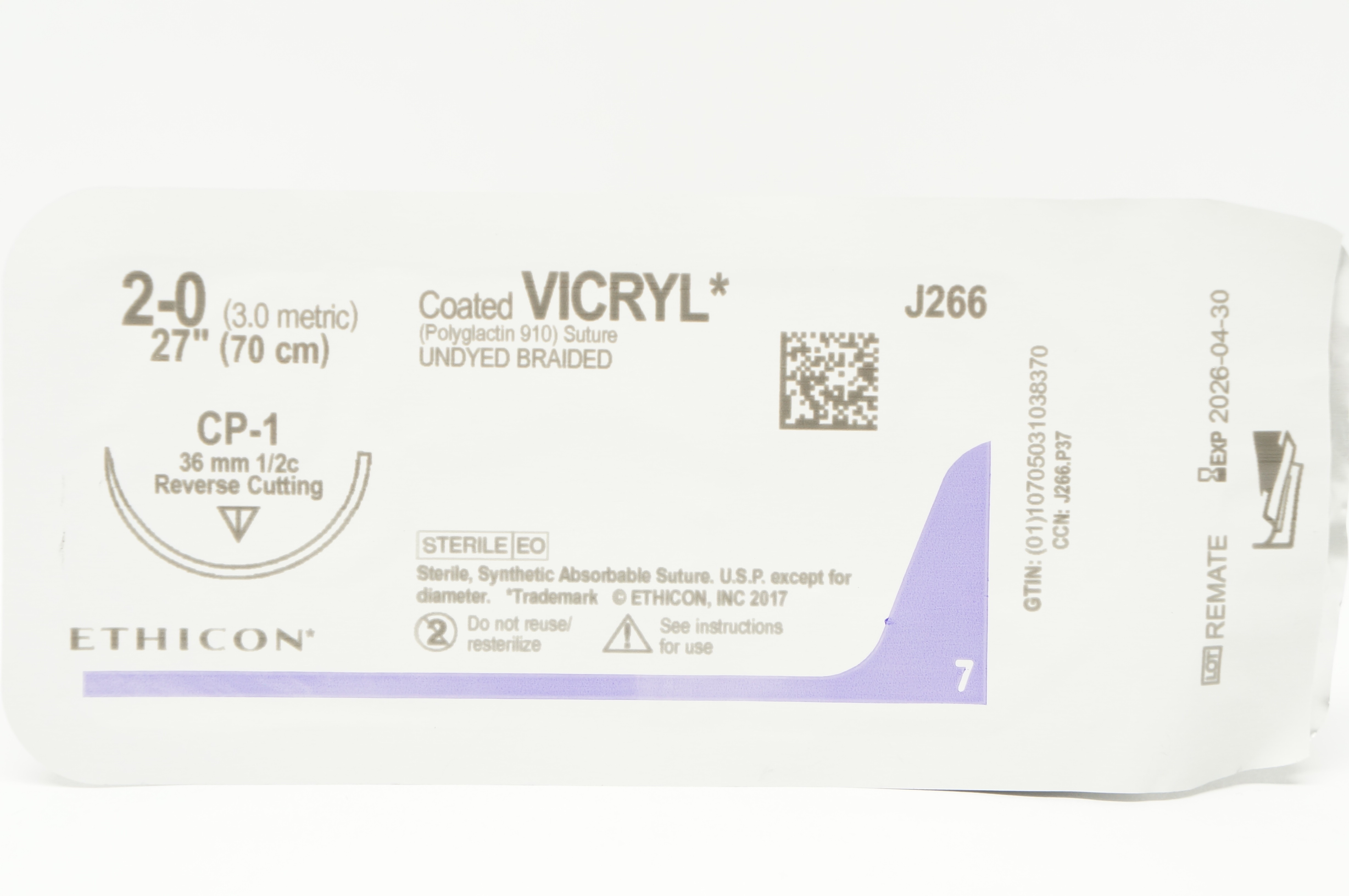 Ethicon J266 2-0 VICRYL CP-1 36mm 1/2c Reverse Cutting 27inch