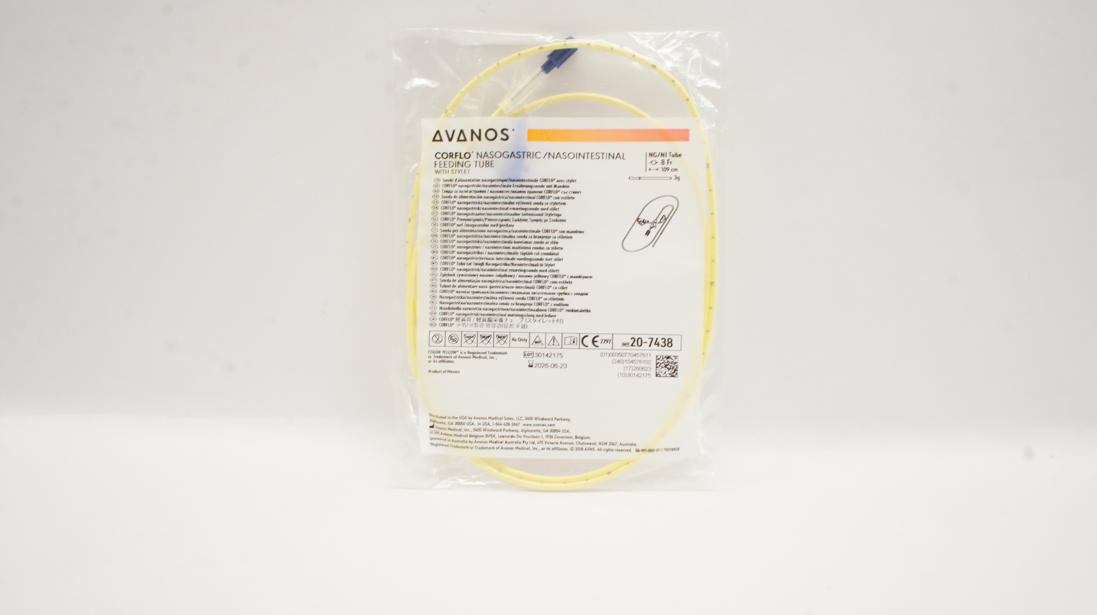 Avanos 20-7438 CORFLO Nasogastric/Nasointestinal Feeding Tube 8Fr x 109cm