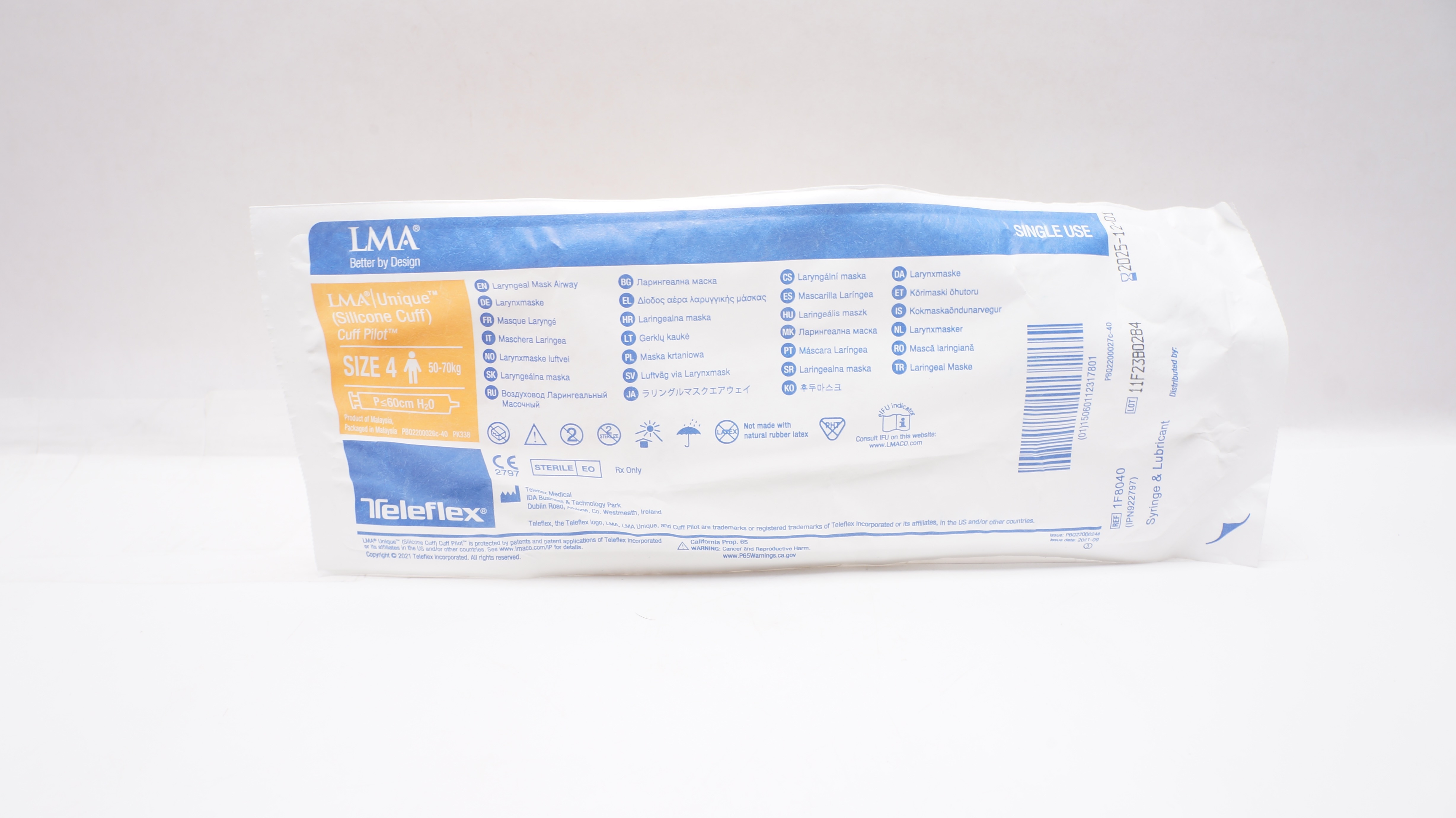 Teleflex 1F8040 LMA Unique Silicone Cuff Pilot Size 4 50-70kg P≤60cm H2O