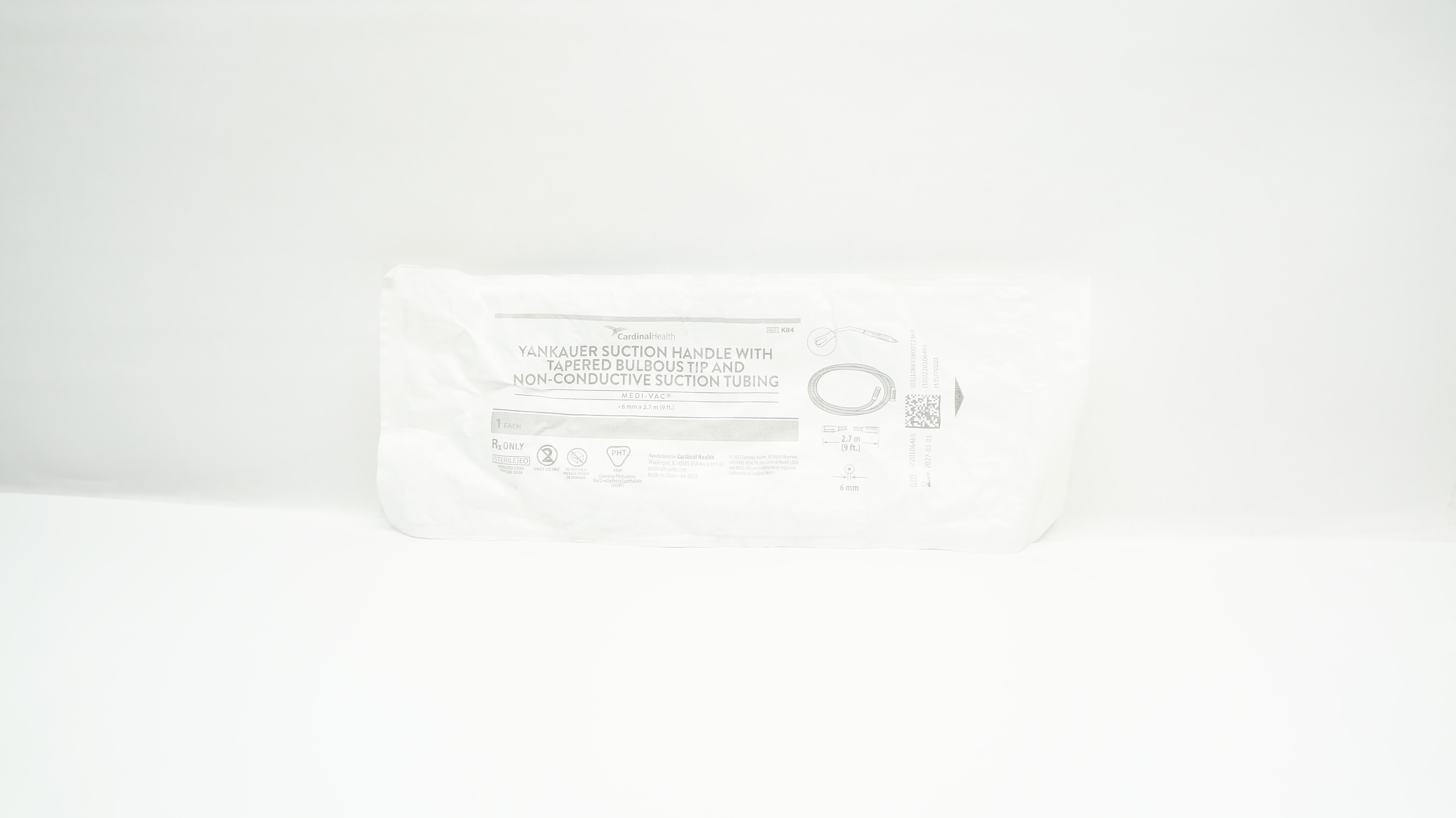 Cardinal Health K84 Medi-Vac Yankauer Suction Handle w/Tapered Tip 6mm x 9Ft.