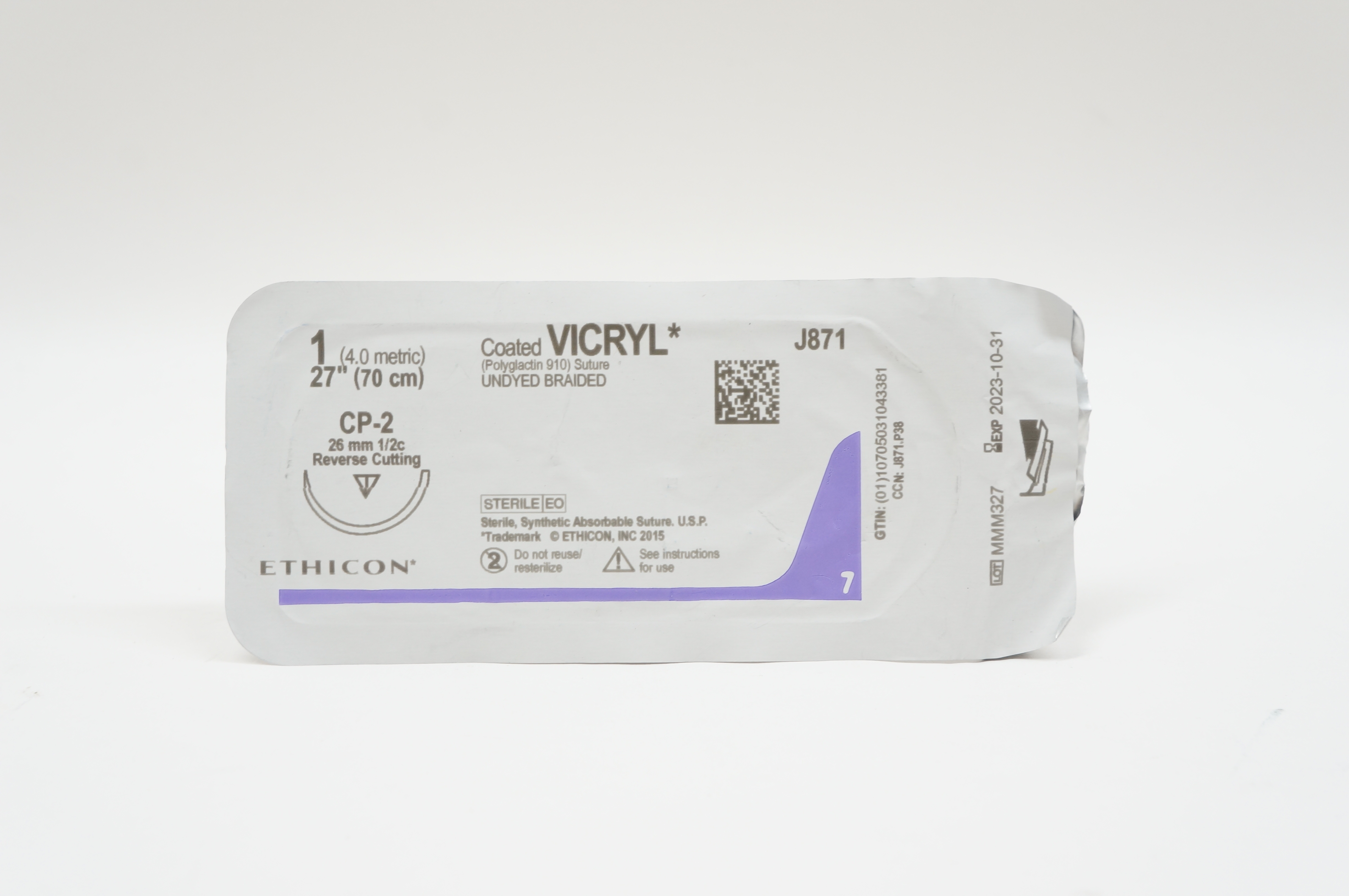 Ethicon J871 1 VICRYL, CP-2, 26mm 1/2c Reverse Cutting, 27inch