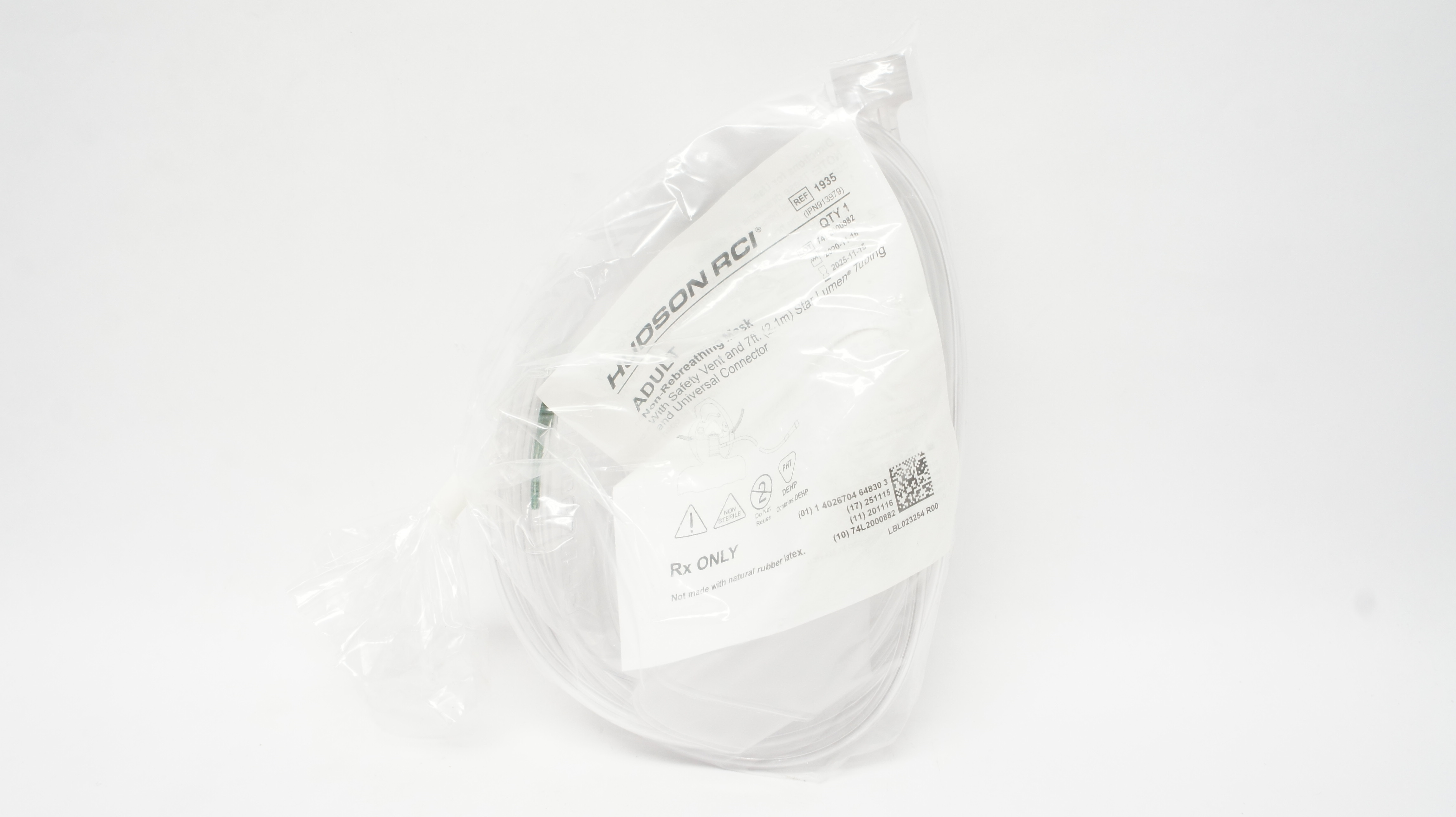 Hudson RCI 1935 Adult Non-Rebreathing Mask With Safety Vent & 7Ft. Tubing