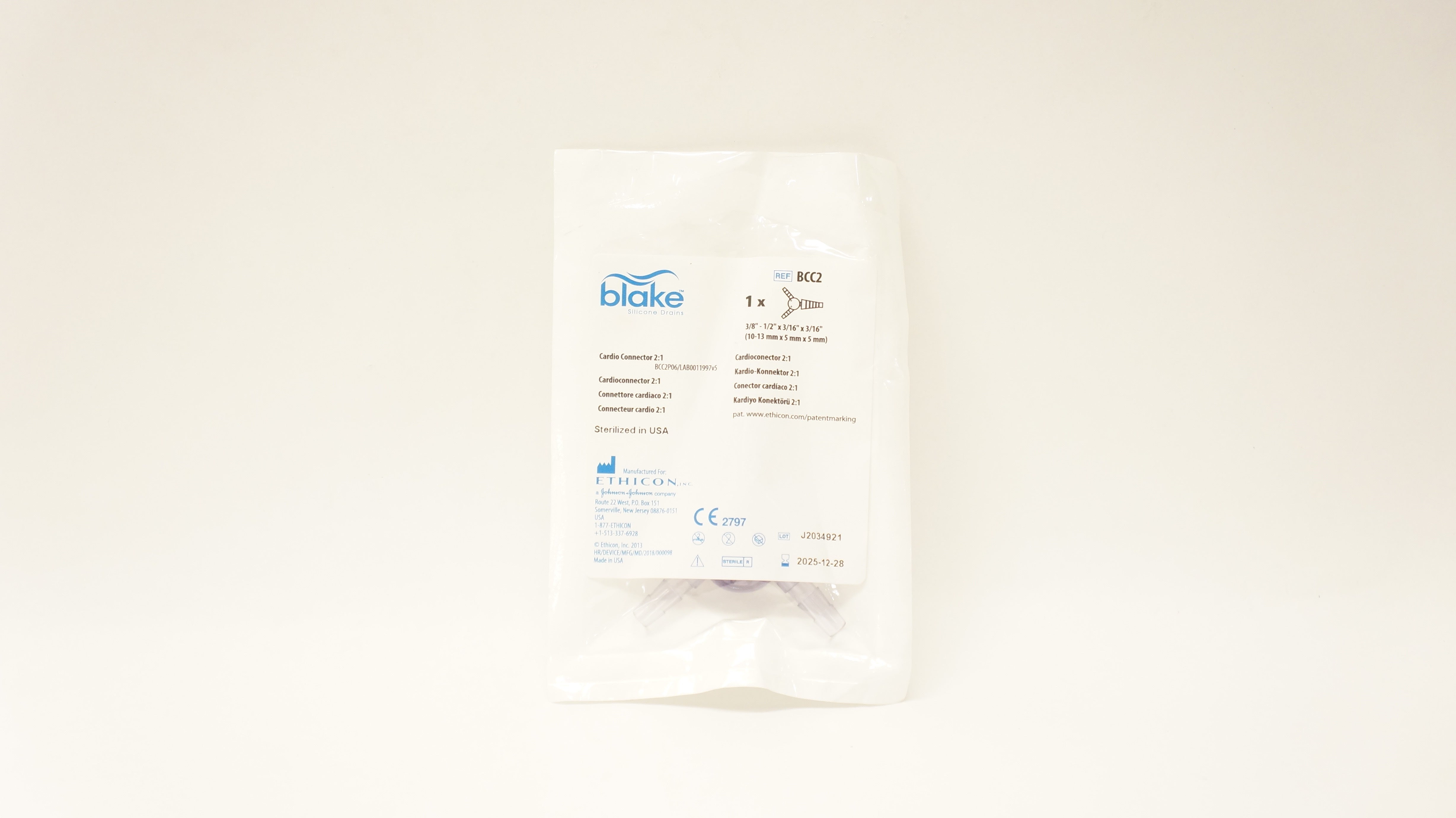 Ethicon BCC2 Blake Silicone Drains Cardio Connector 2:1 3/8-1/2in x3/16inx3/16in