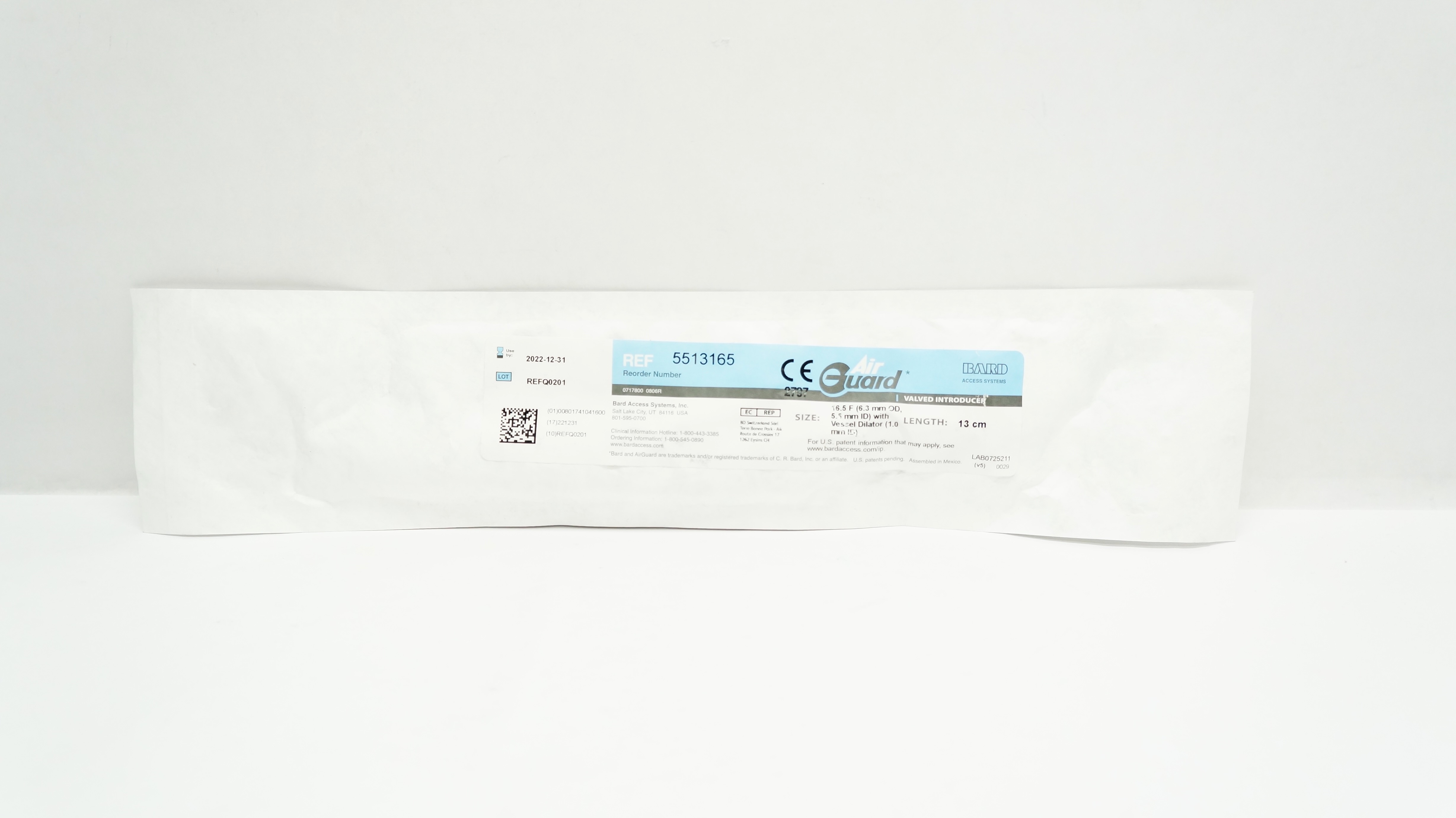 Bard 5513165 AirGuard Valved Introducer 16.5F with Vessel Dilator 13cm (x)