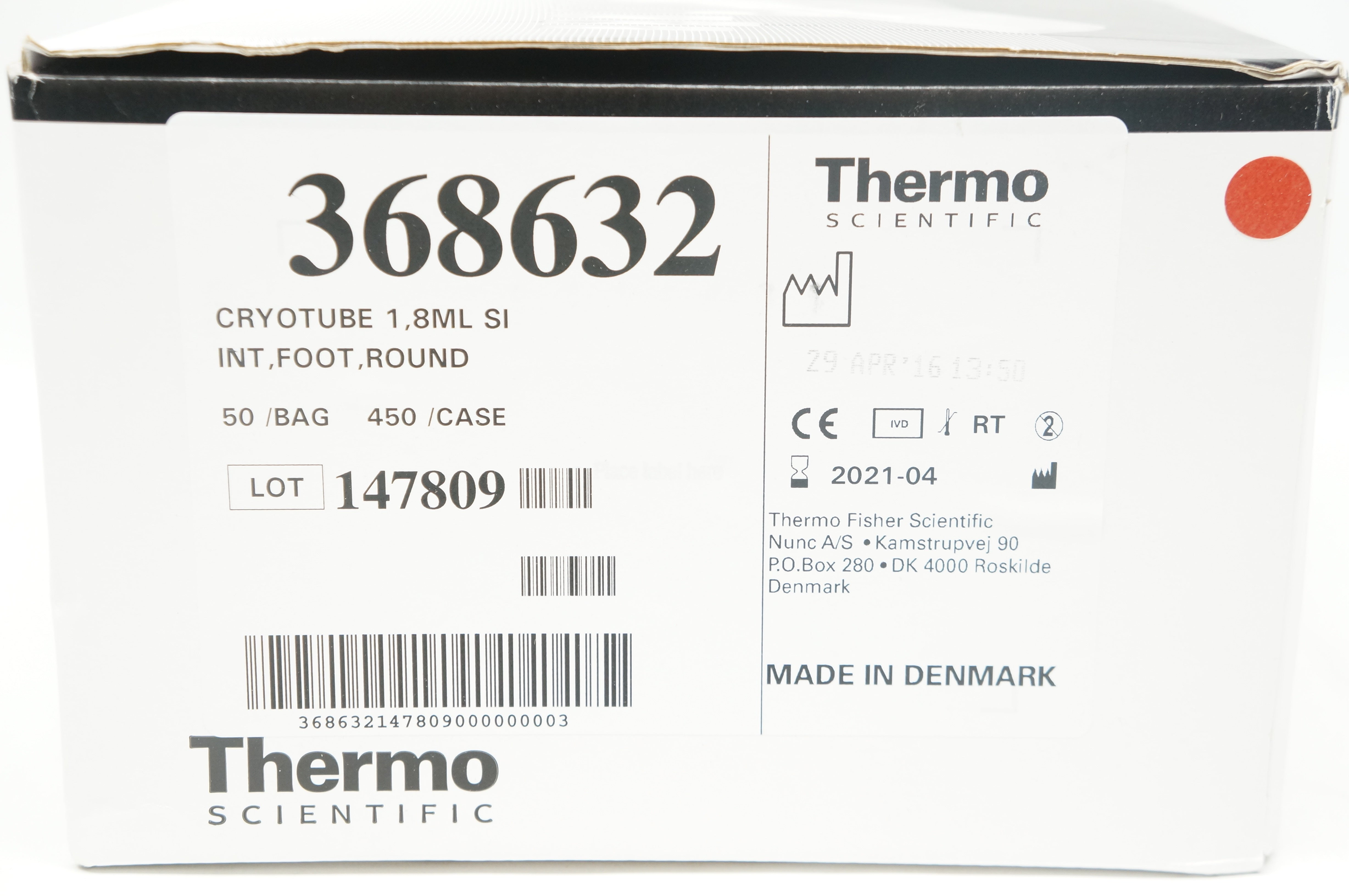 Thermo Scientific 368632 Nunc Cryotube Vials 1, 8ml SI (x) - Case of 450
