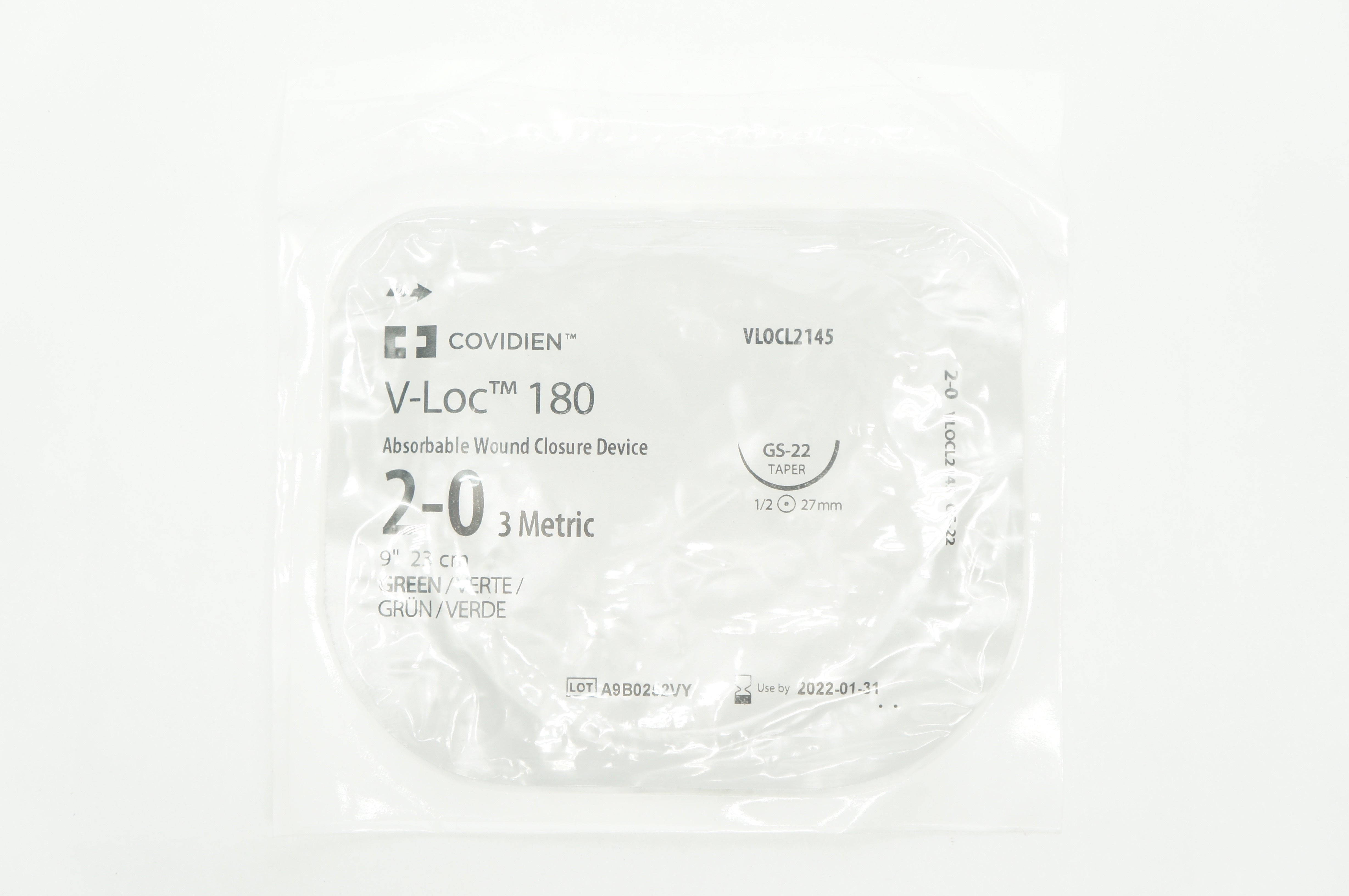 Covidien VLOCL2145 2-0 V-Loc 180 GS-22 Taper 1/2c 27mm 9 inch