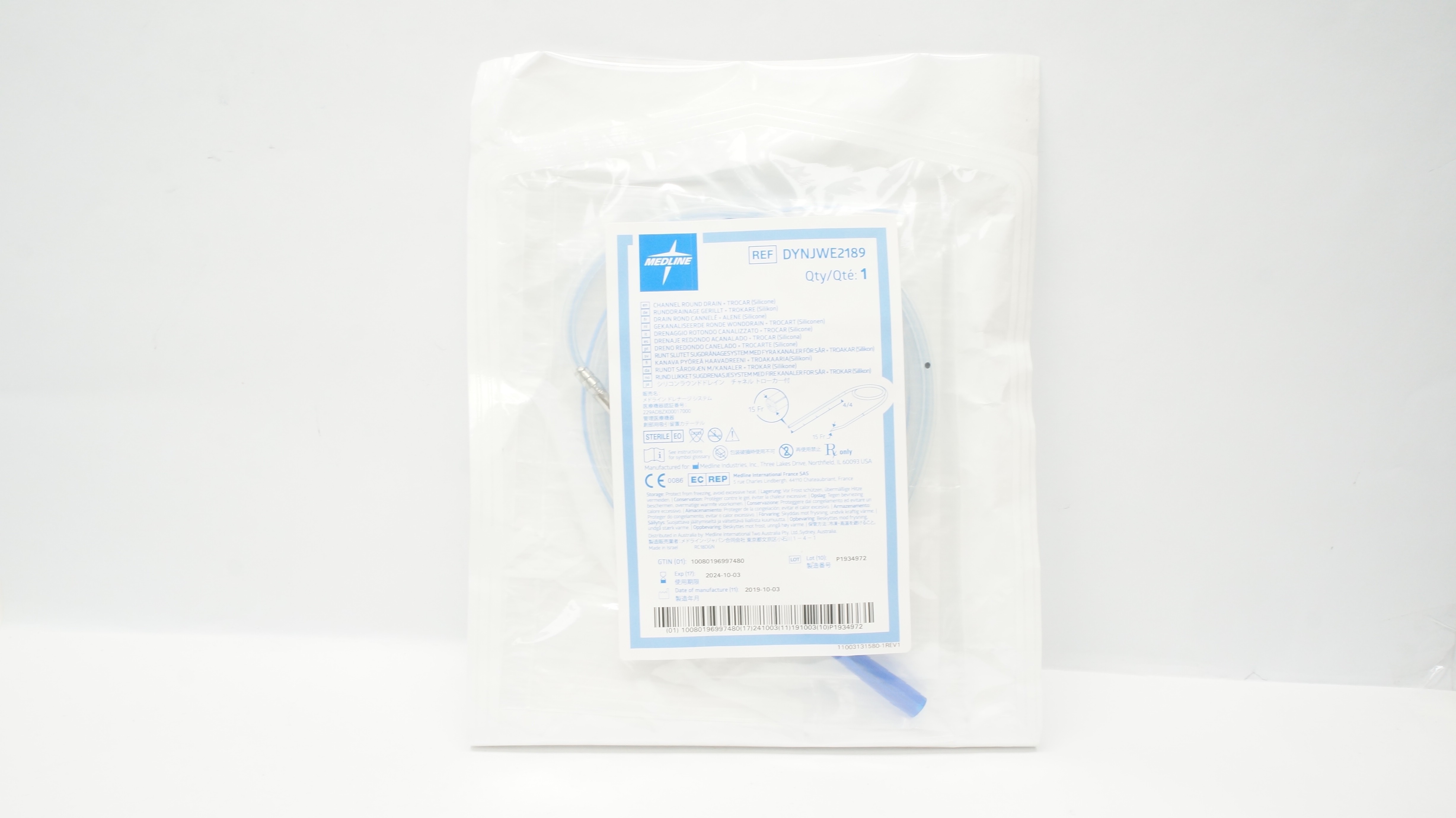 Medline DYNJWE2189 Channel Round Drain - Trocar Silicone 15Fr (x)