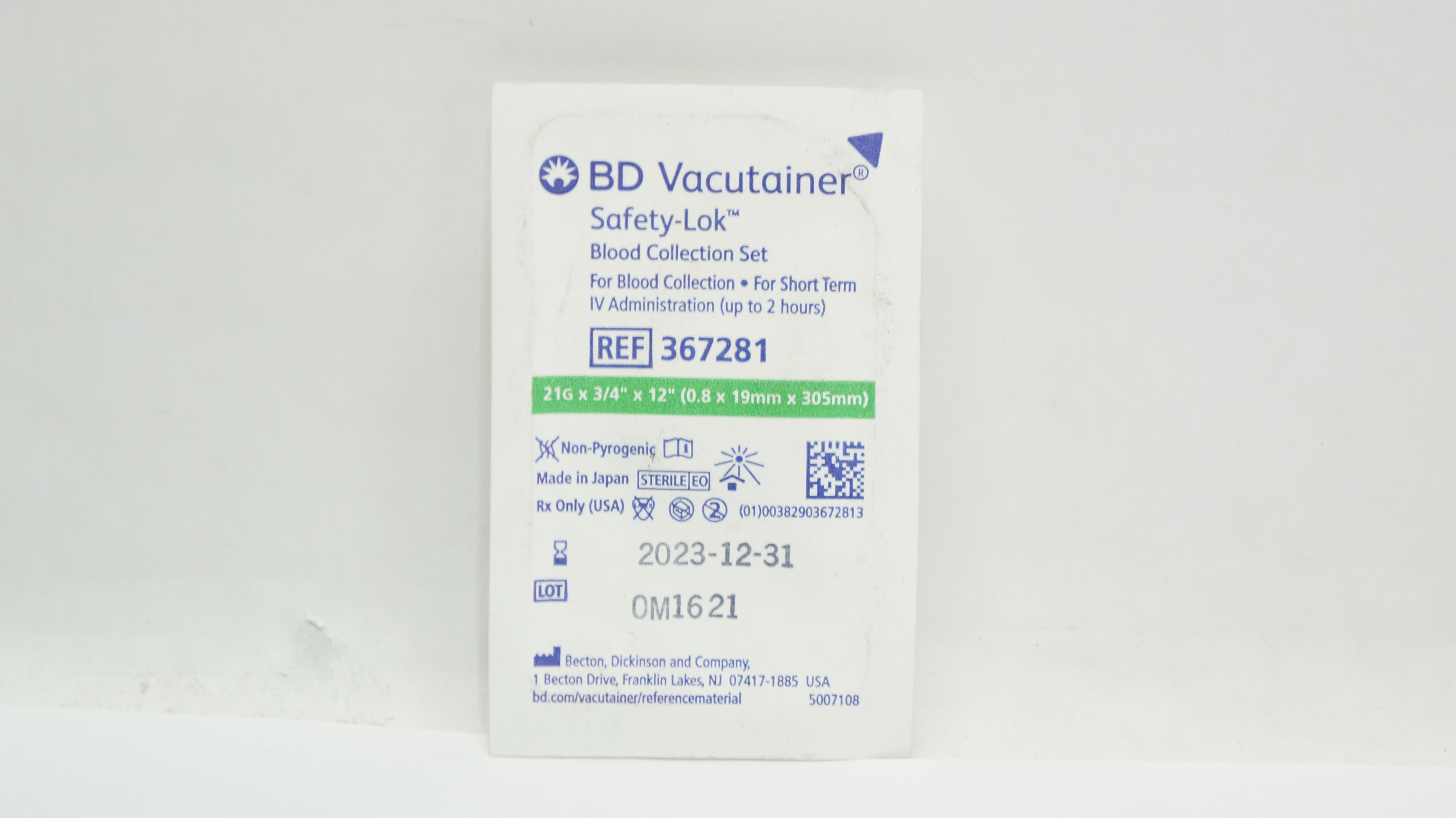 BD 367281 Safety-Lok Blood Collection Set 21G x 3/4inch x 12inch