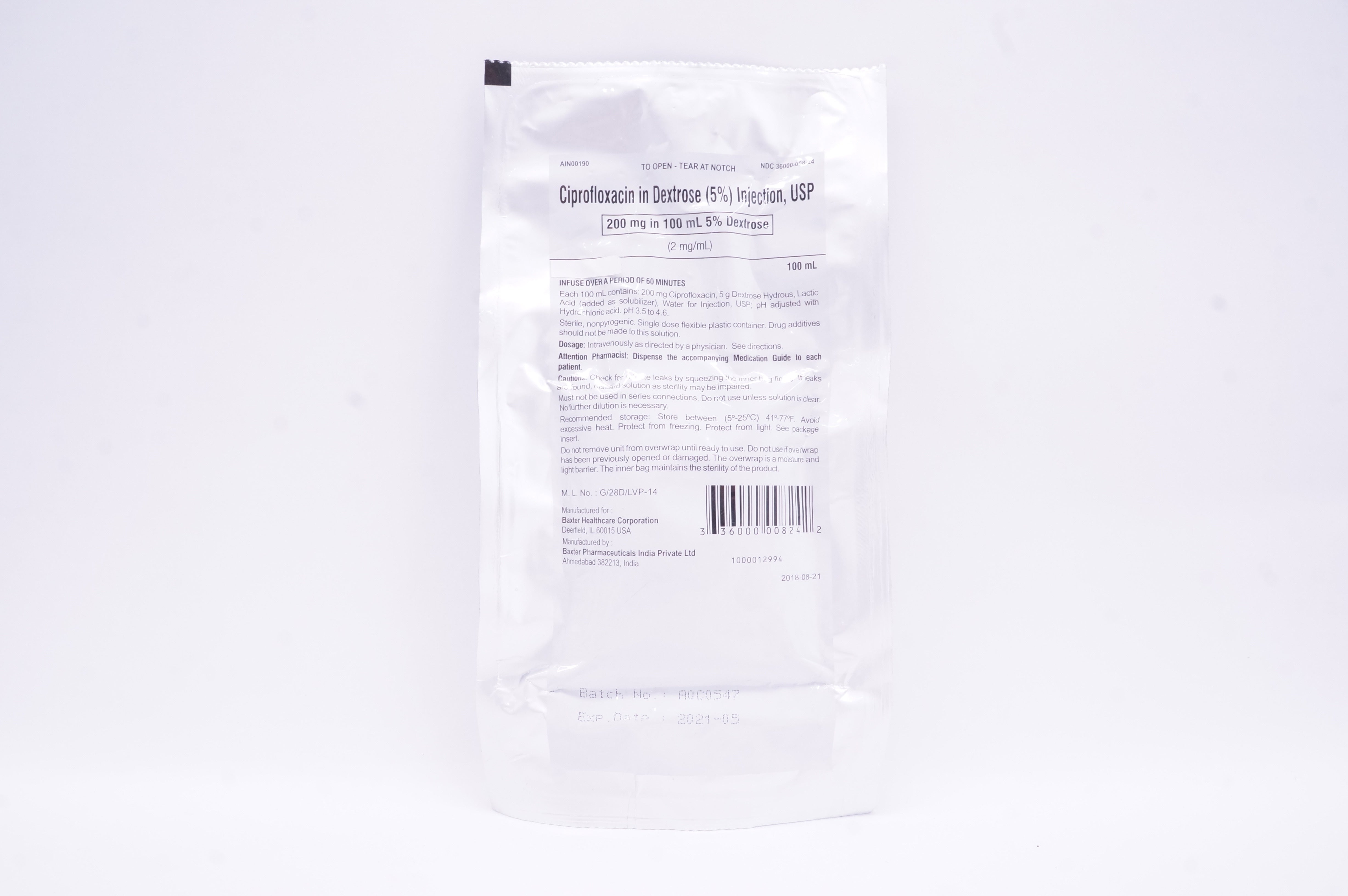 Baxter 36000-008-24 Ciprofloxacin in Dextrose 5% Injection USO 100ml (x)