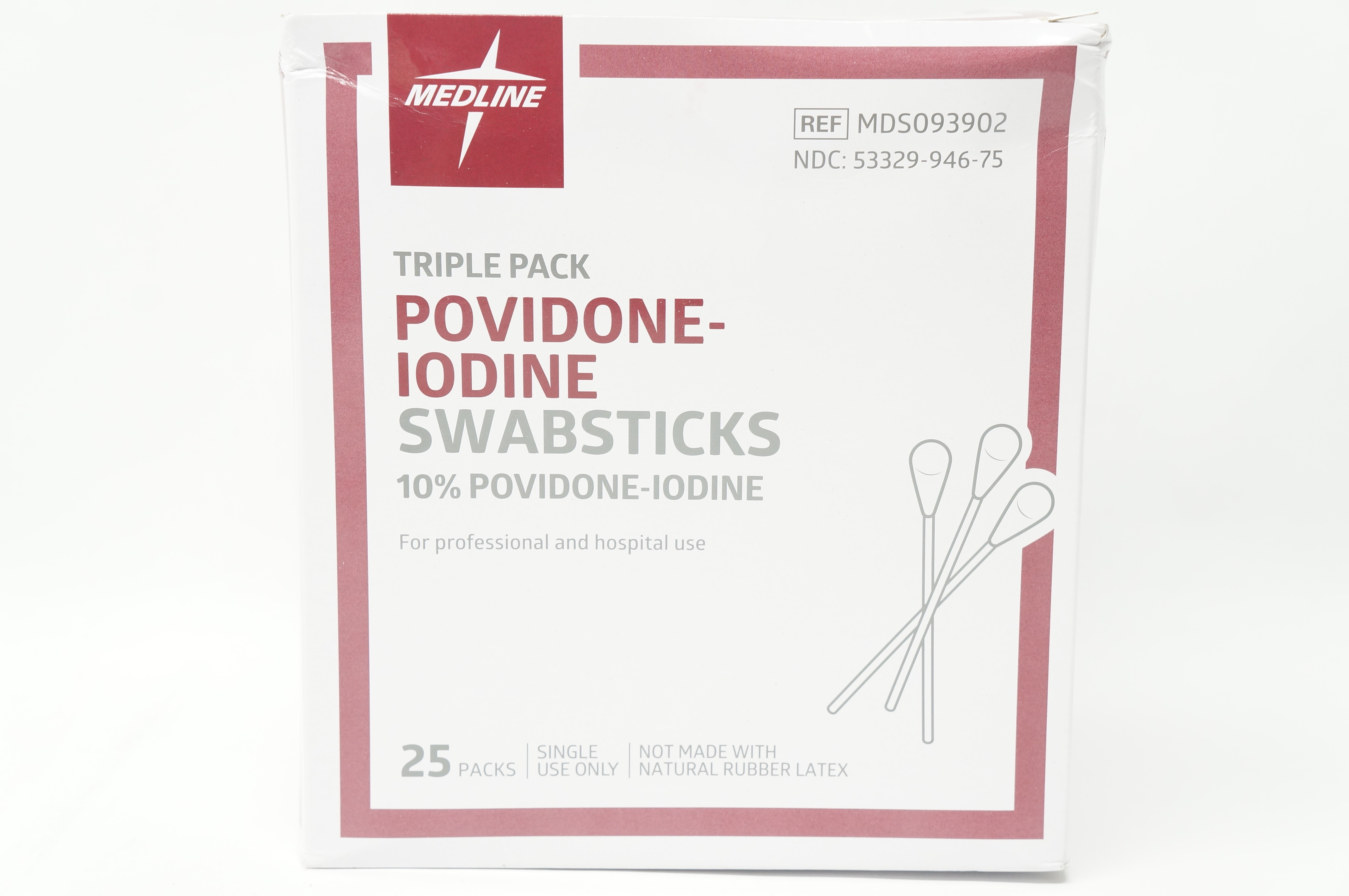 Medline MDS093902 Triple Pack 10% Povidone-Iodine Swabsticks - Box of 25