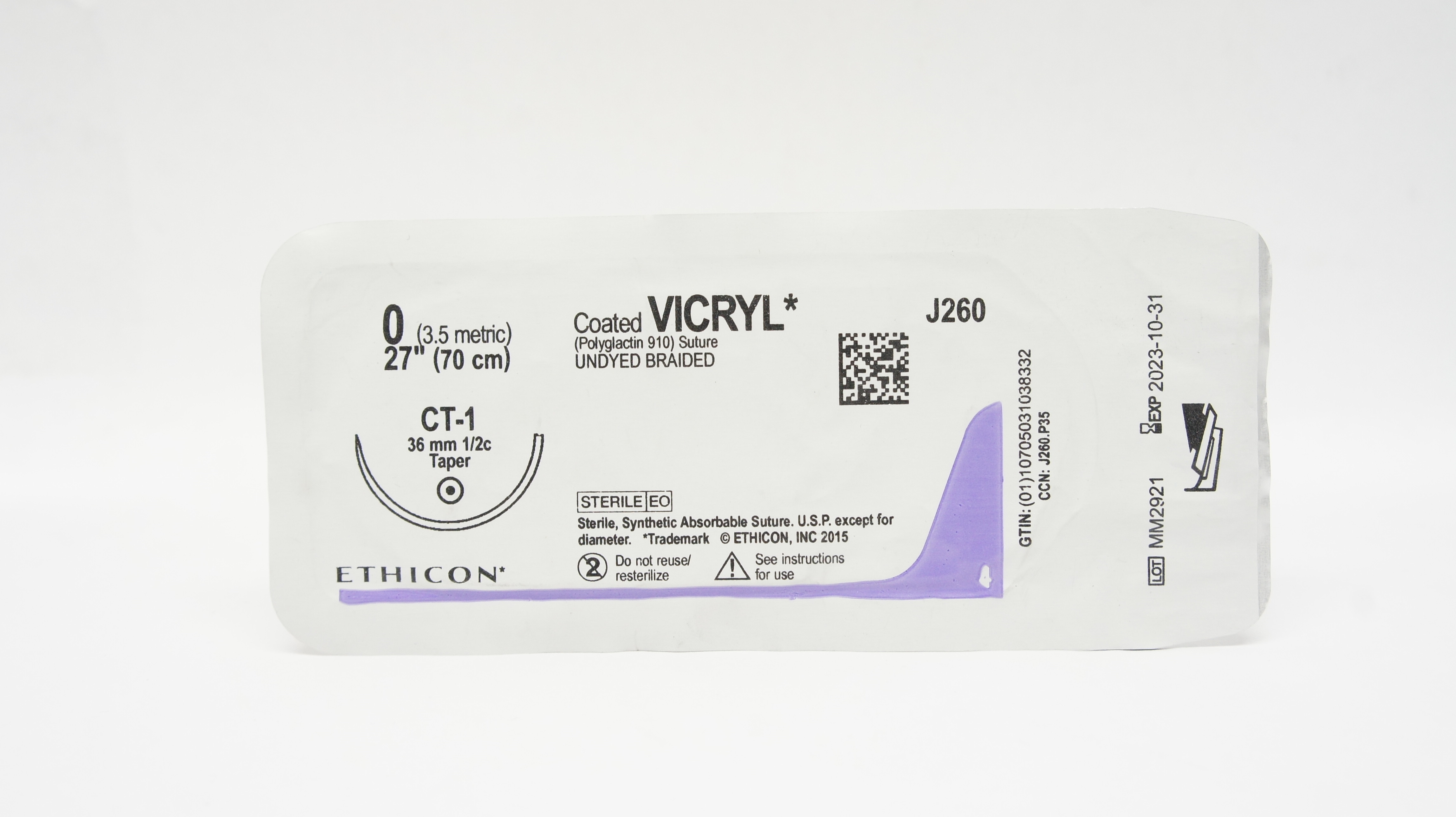 Ethicon J260 0 Coated VICRYL Stre Undyed Braided CT-1 36mm 1/2c Taper 27 inch