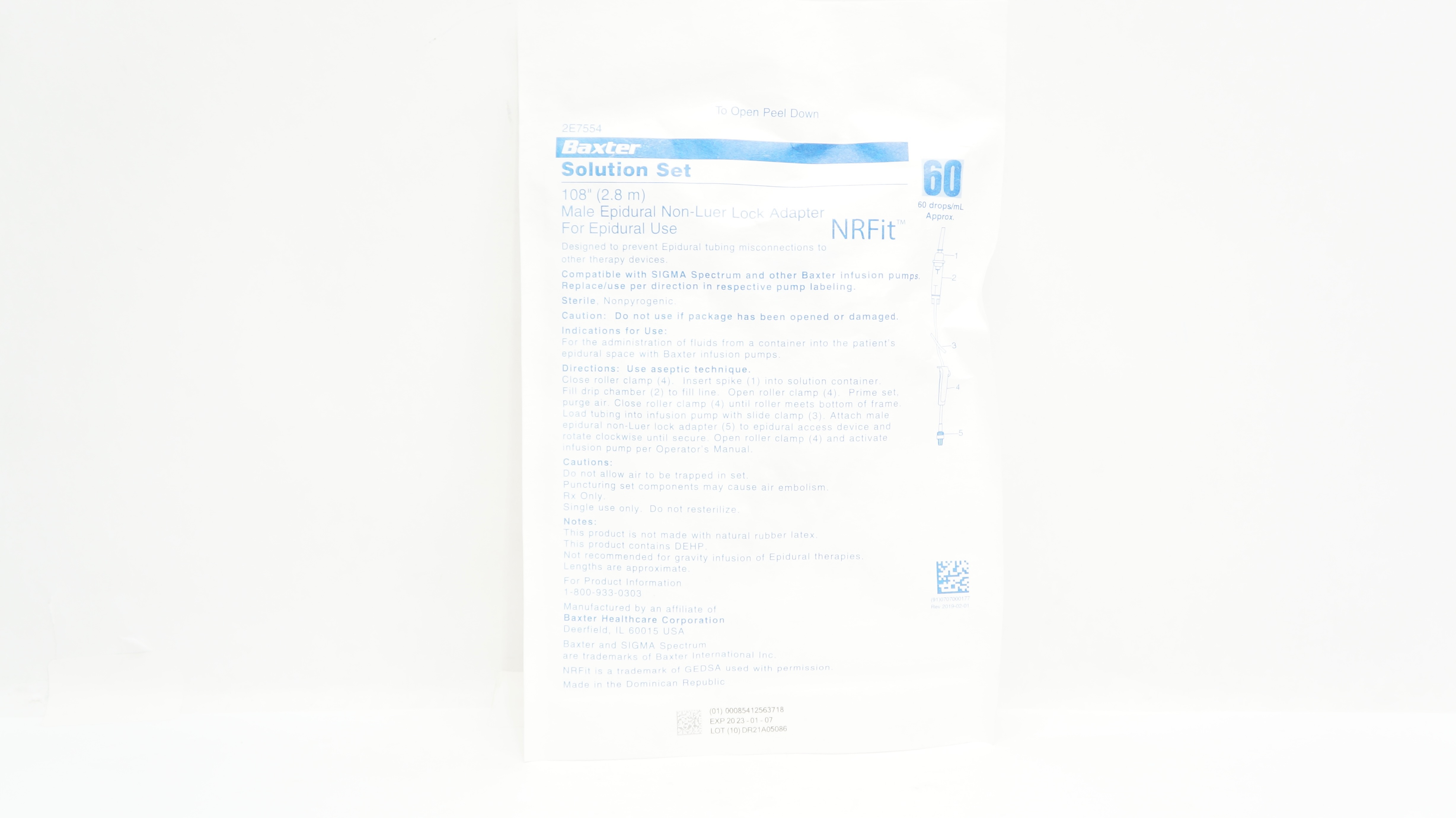 Baxter 2E7554 Solution Set 60Drops/mL, 108inch Male Epidural Non-Luer Adapter(x)