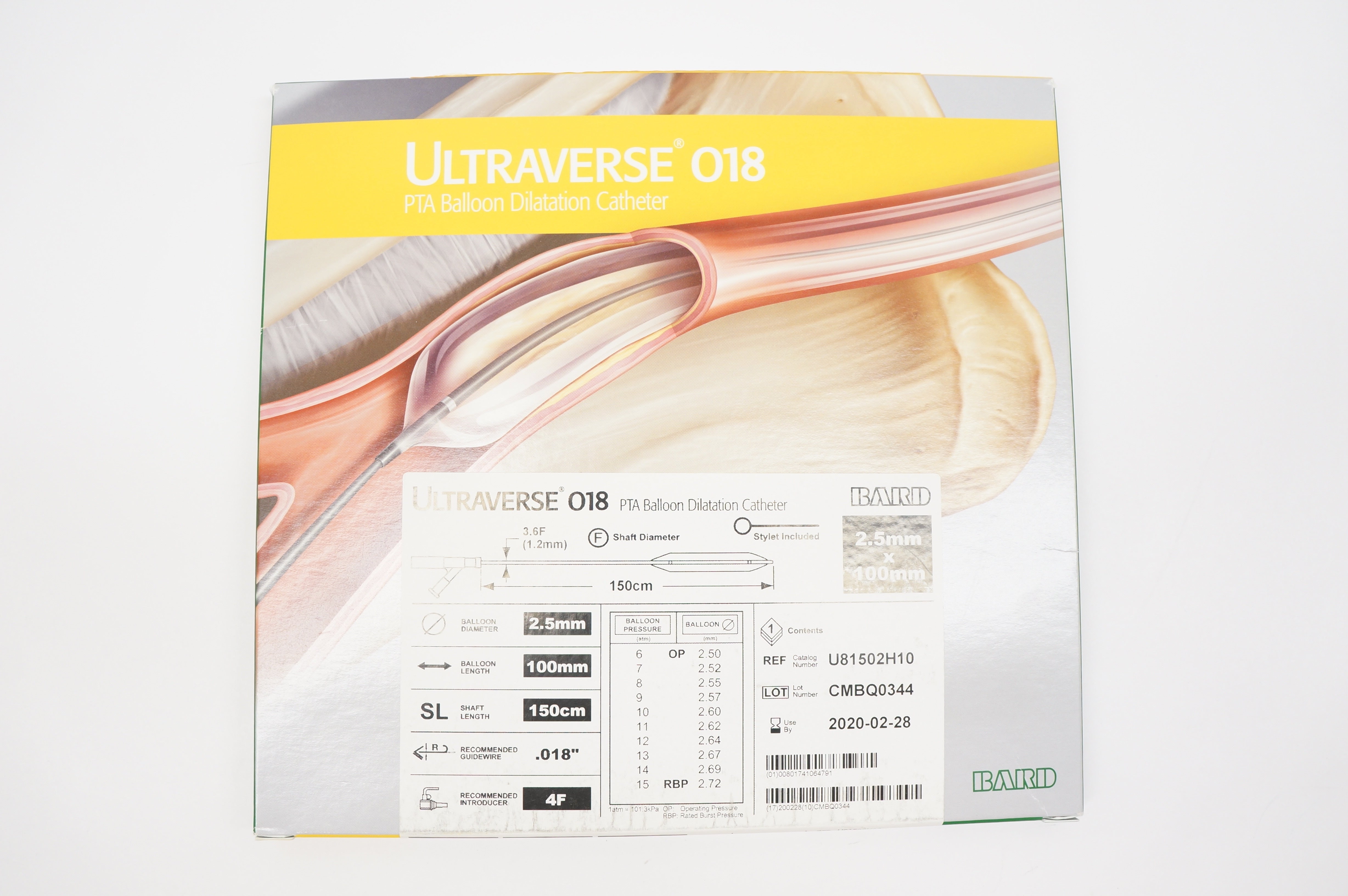 BARD U81502H10 Ultraverse 018 PTA Balloon Dilatation Cath. 2.5mm x 100mm (x)