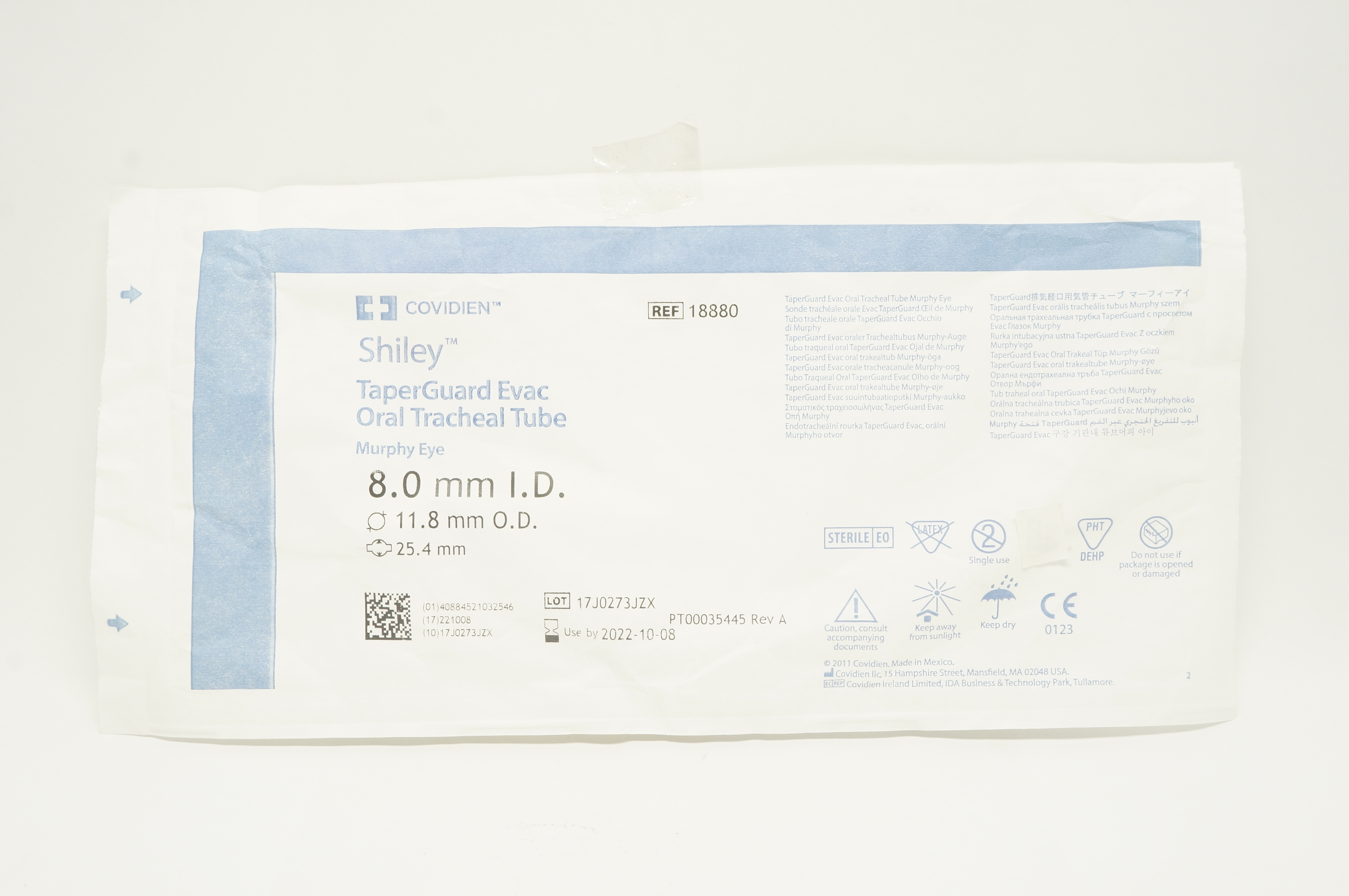 Covidien 18880 Shiley TaperGuard Evac Oral Tracheal Tube 8.0mm ID x 11.8mm OD(x)