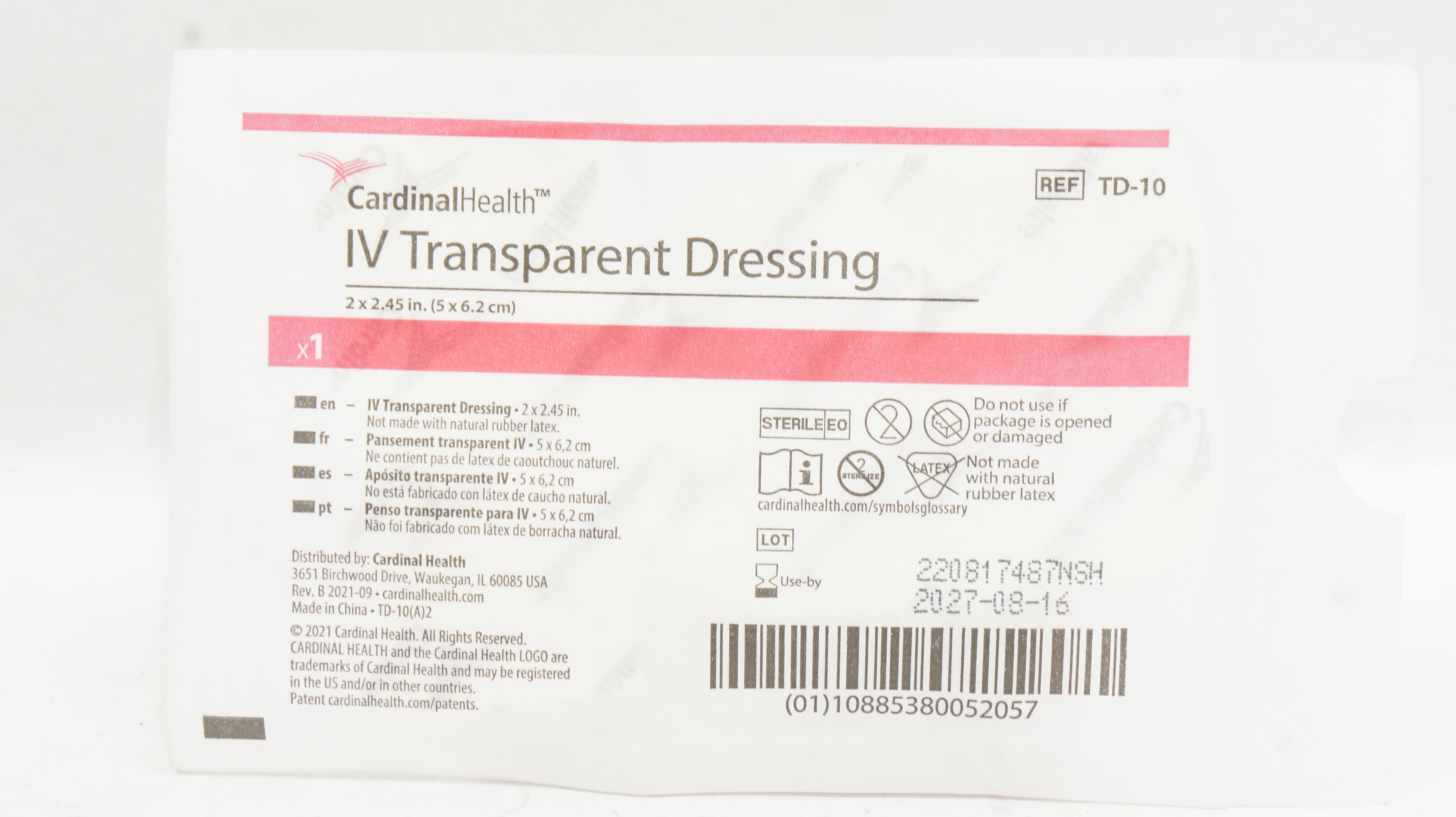 Cardinal Health TD-10 IV Transparent Dressing 2 x 2.45inch