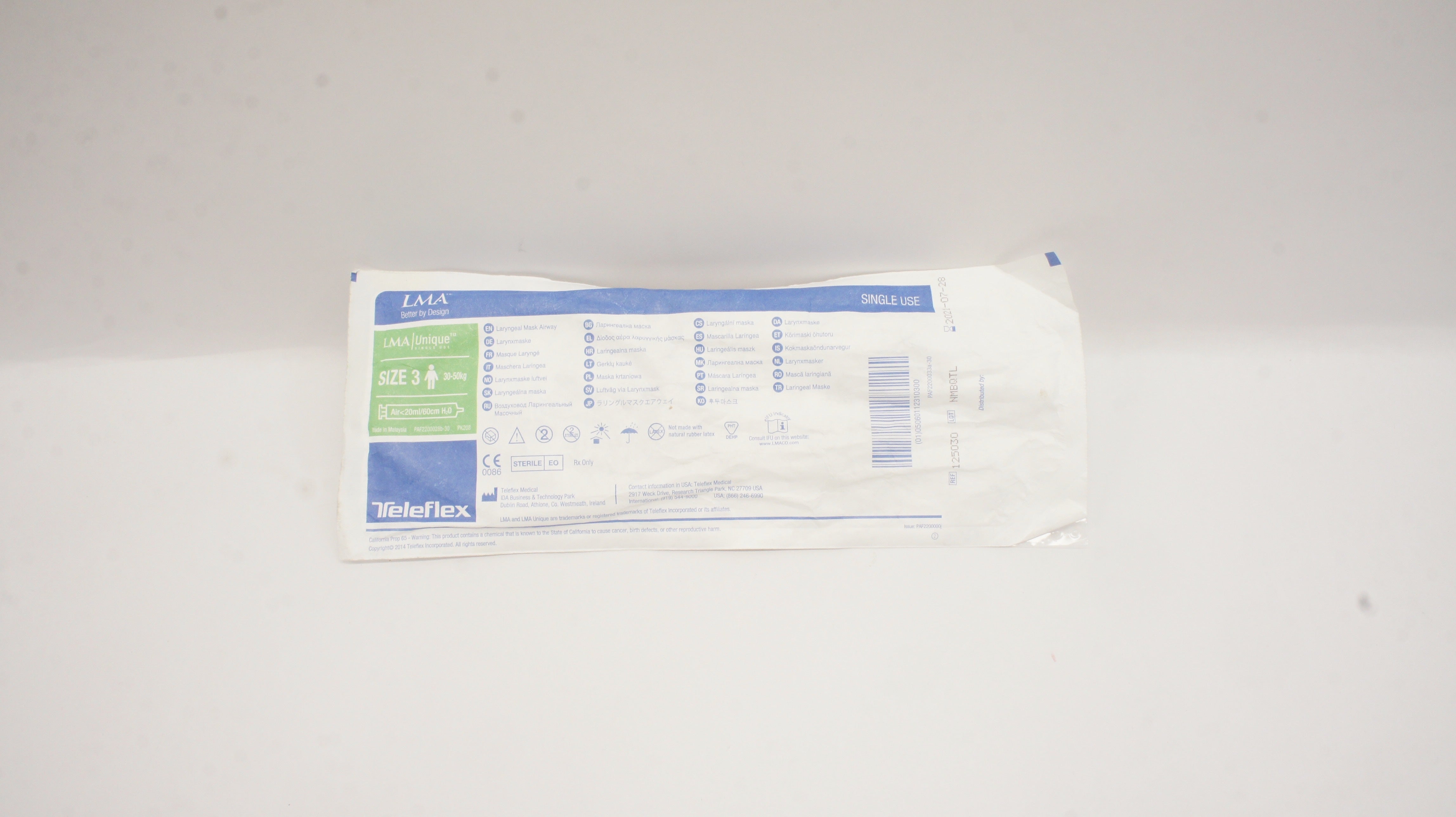 Teleflex 125030 LMA Unique Laryngeal Mask Airway Size 3, 30-50kg <20ml/60cm (x)