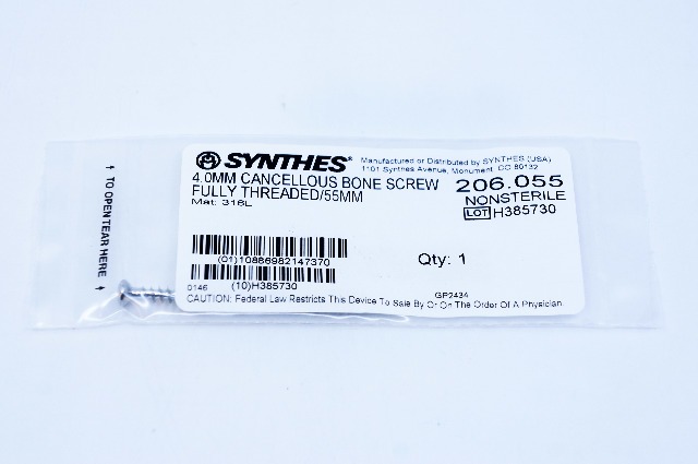 Synthes 206.055 4.0mm Cancellous Bone Screw Fully Threaded/55mm