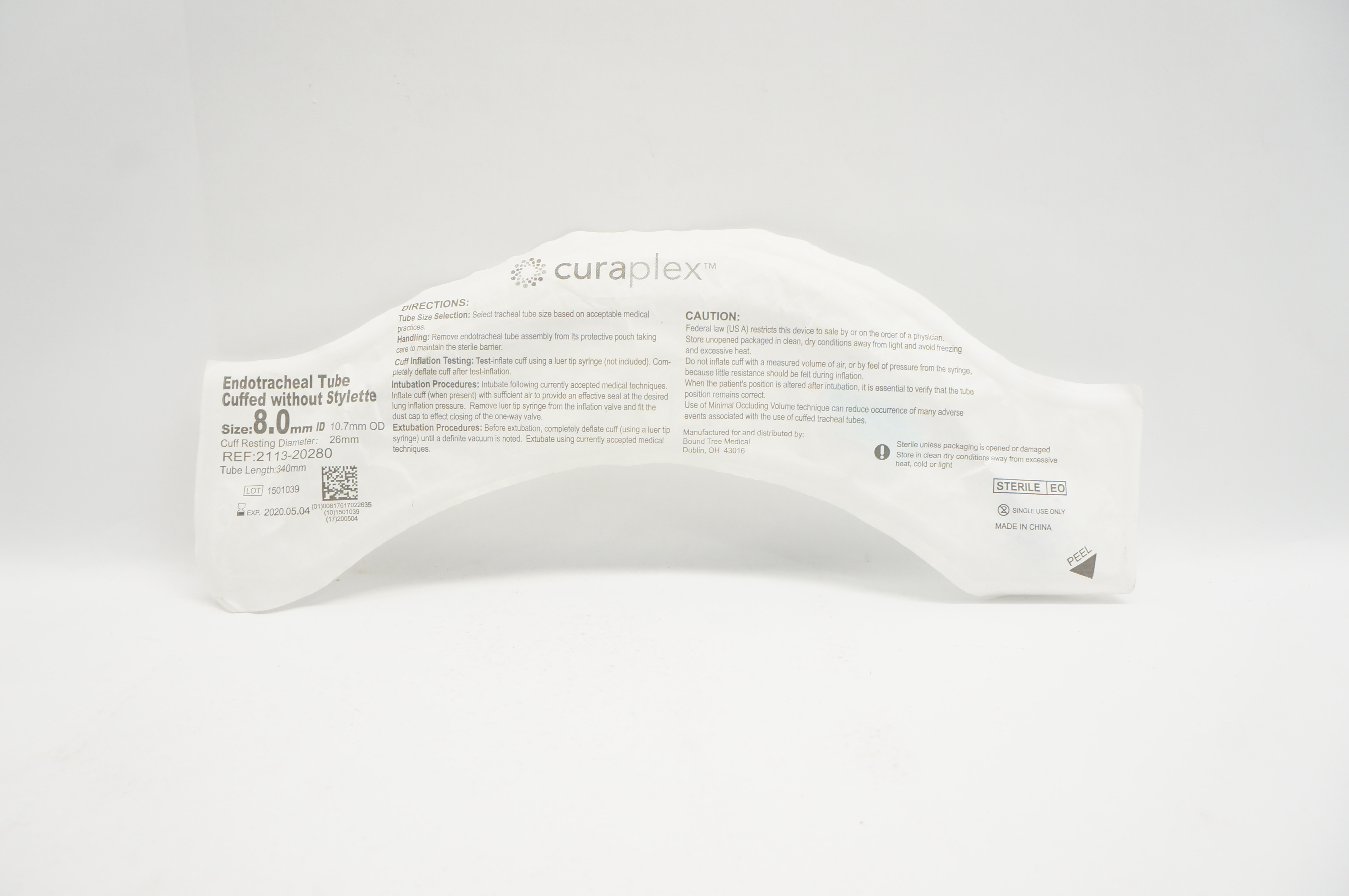 Curaplex 2113-20280 Endotracheal Tube, Uncuffed without Stylette 8.0 ID (x)