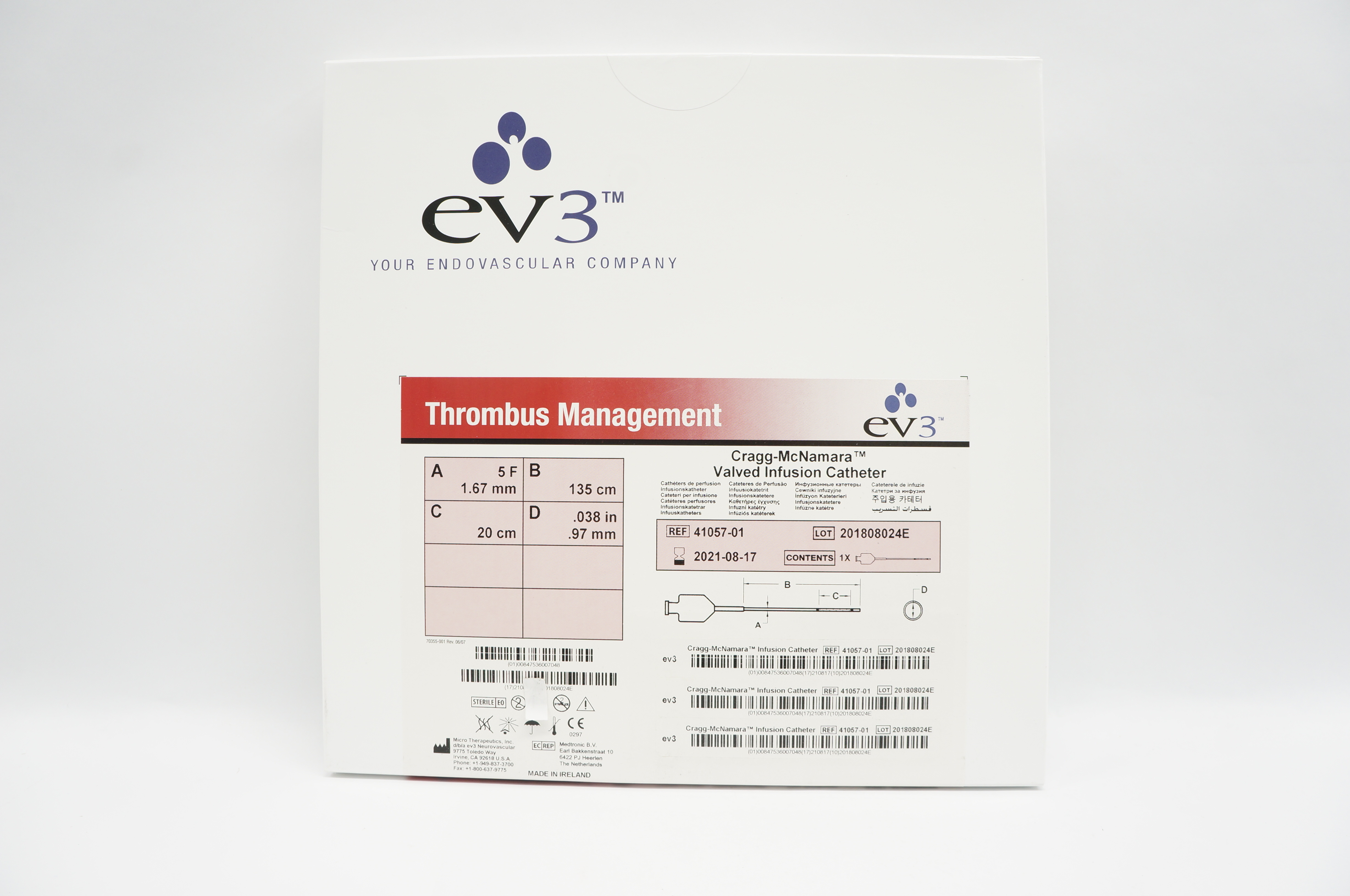 EV3 41057-01 Cragg-McNamara Valved Infusion Cath. 5F x 135 x 20cm x .038inch (x)