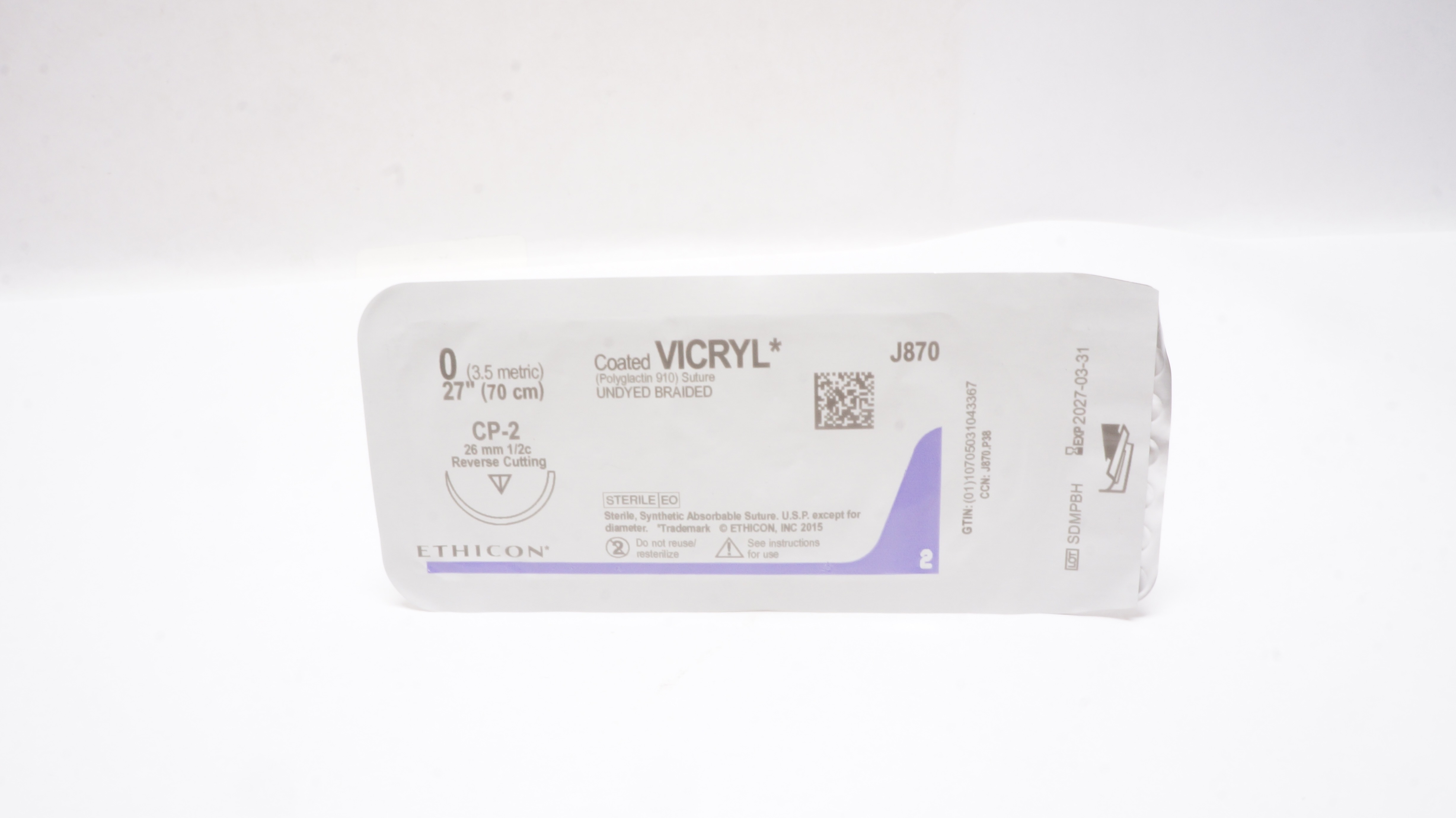 Ethicon J870 0 Vicryl CP-2 26 mm 1/2c Reverse Cutting 27 inch