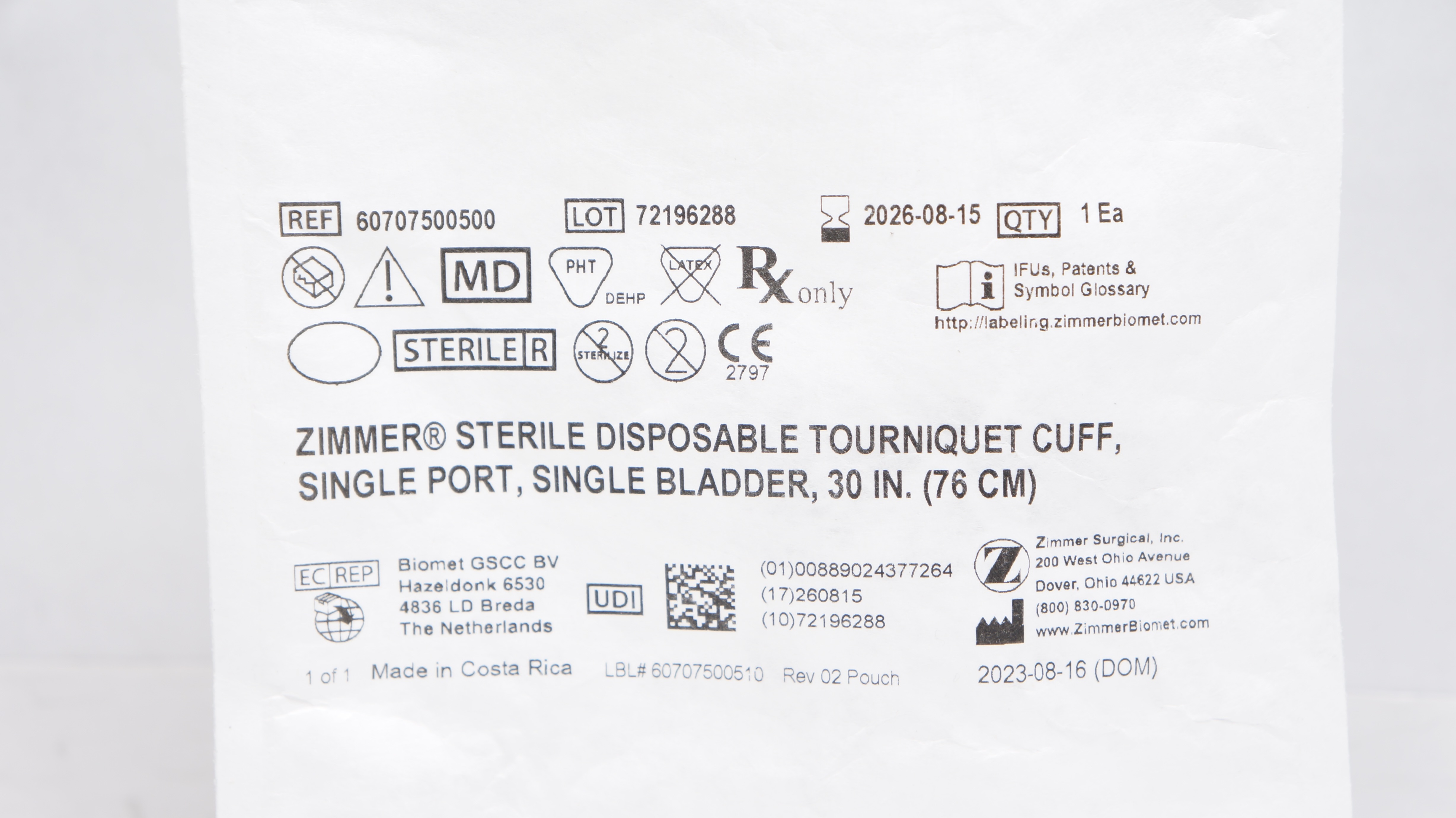 Zimmer 60707500500 Disposable Tourniquet Cuff Single Port Single Bladder, 30inch