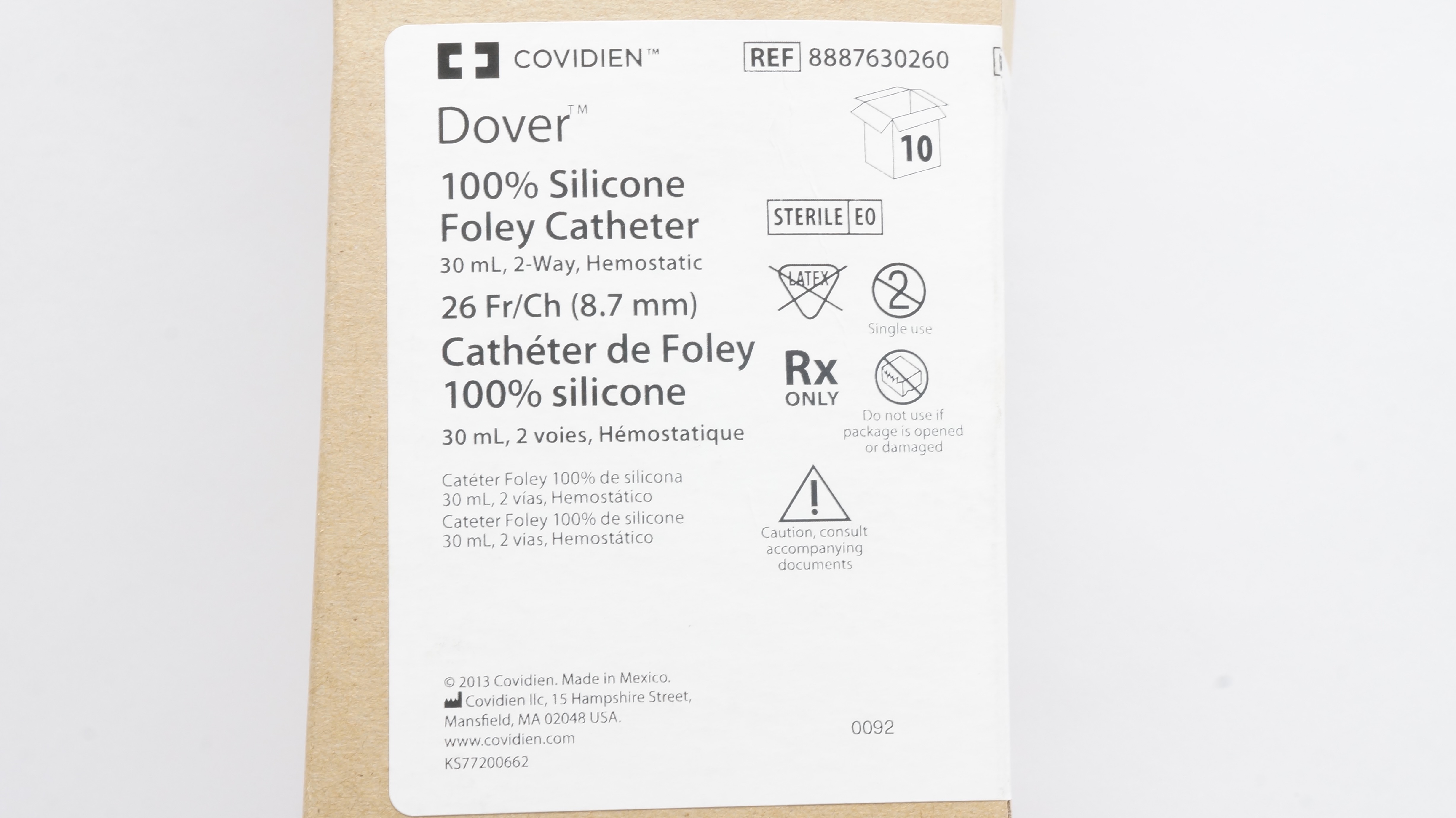 Covidien 8887630260 Dover Foley Cath. 26Fr/Ch 2-WayHemostatic 30mL - Case of 10