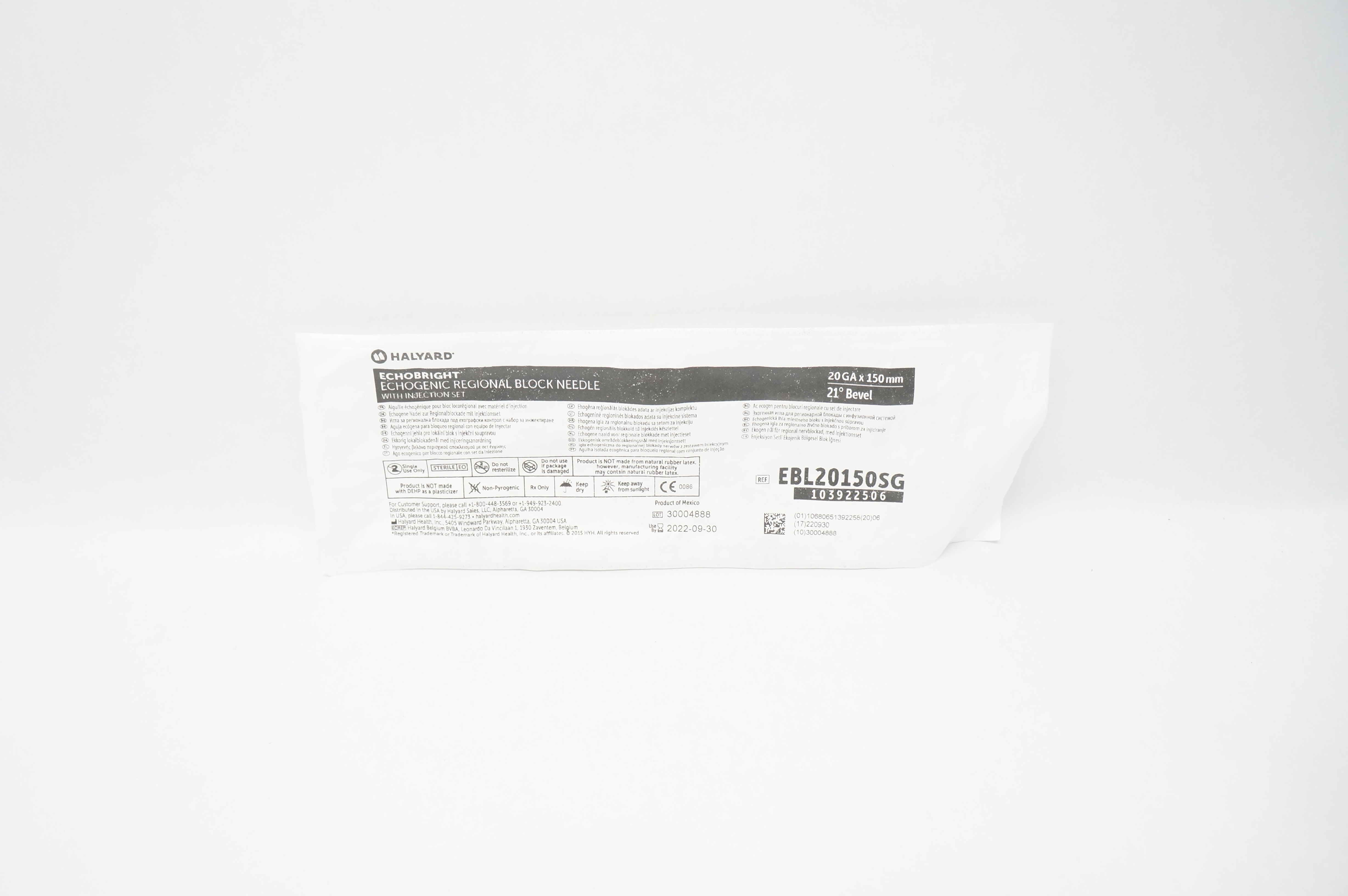 Halyard EBL20150SG Echobright Echogenic Regional Block Ndle 20GA x 150mm