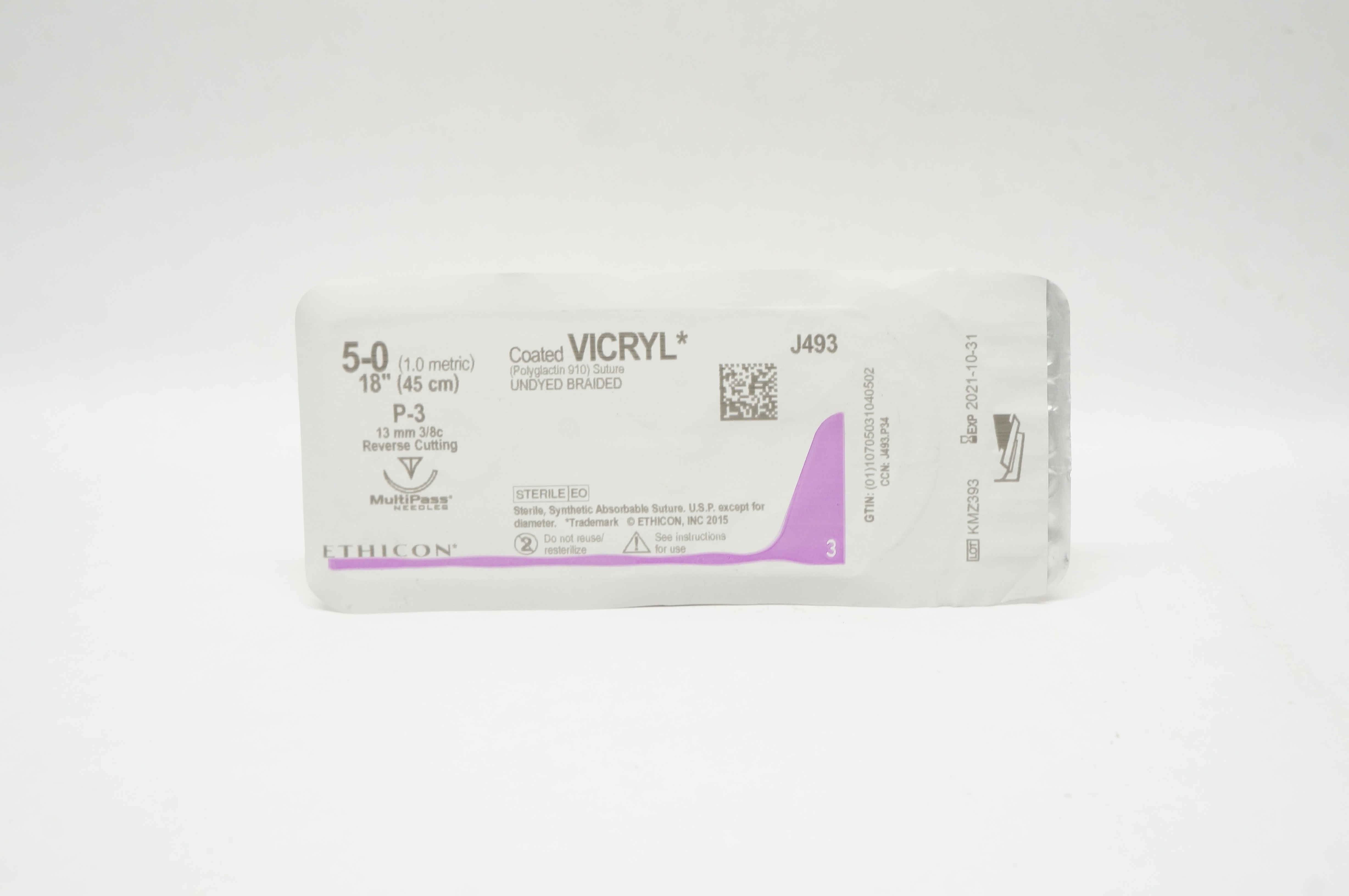 Ethicon J493 5-0 Coated VICRYL Stre P-3 13mm 3/8c Reverse Cutting, 18inch (x)