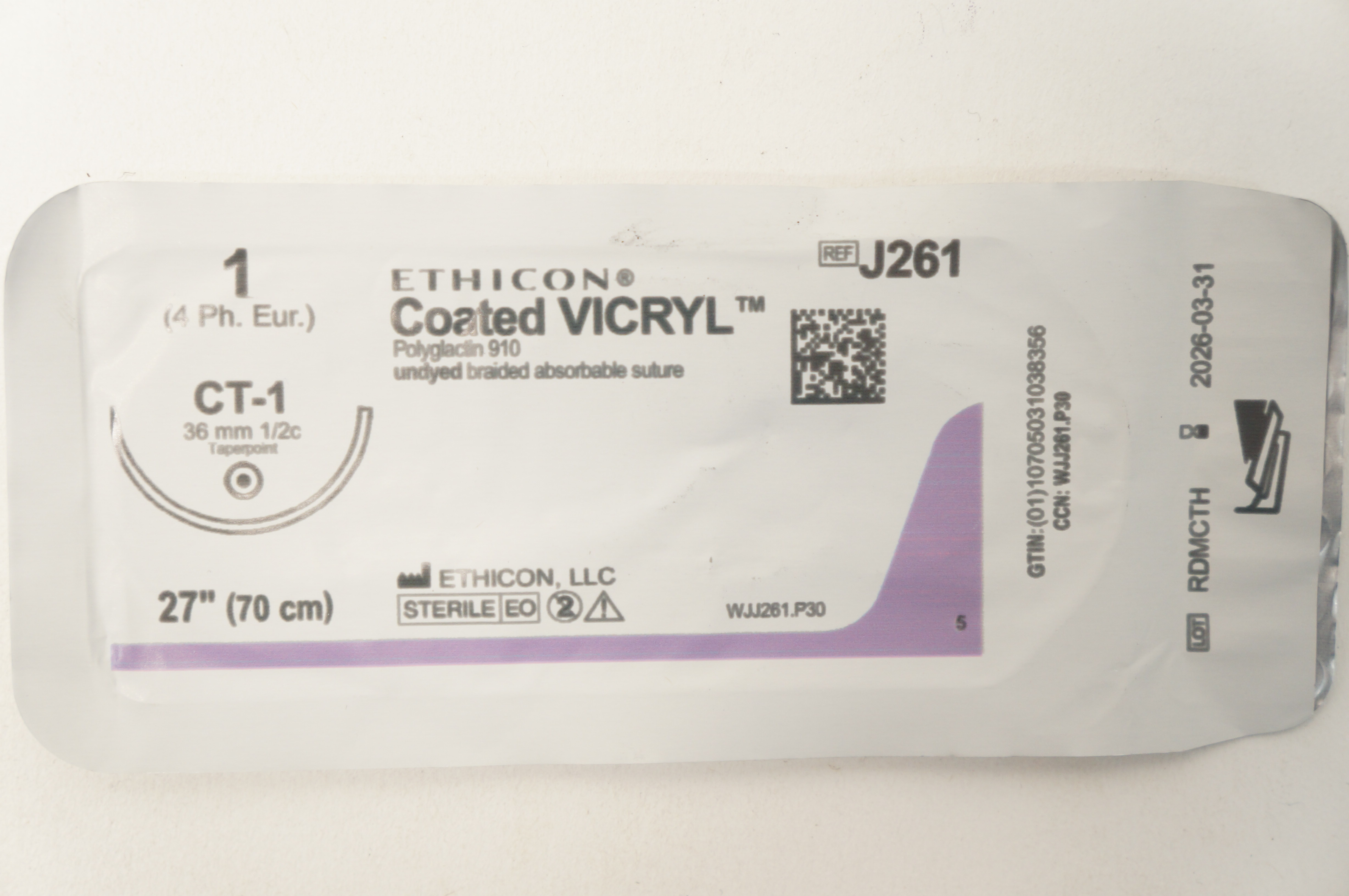 Ethicon J261 1 Coated VICRYL Stre CT-1 36mm 1/2c Taperpoint, 27inch