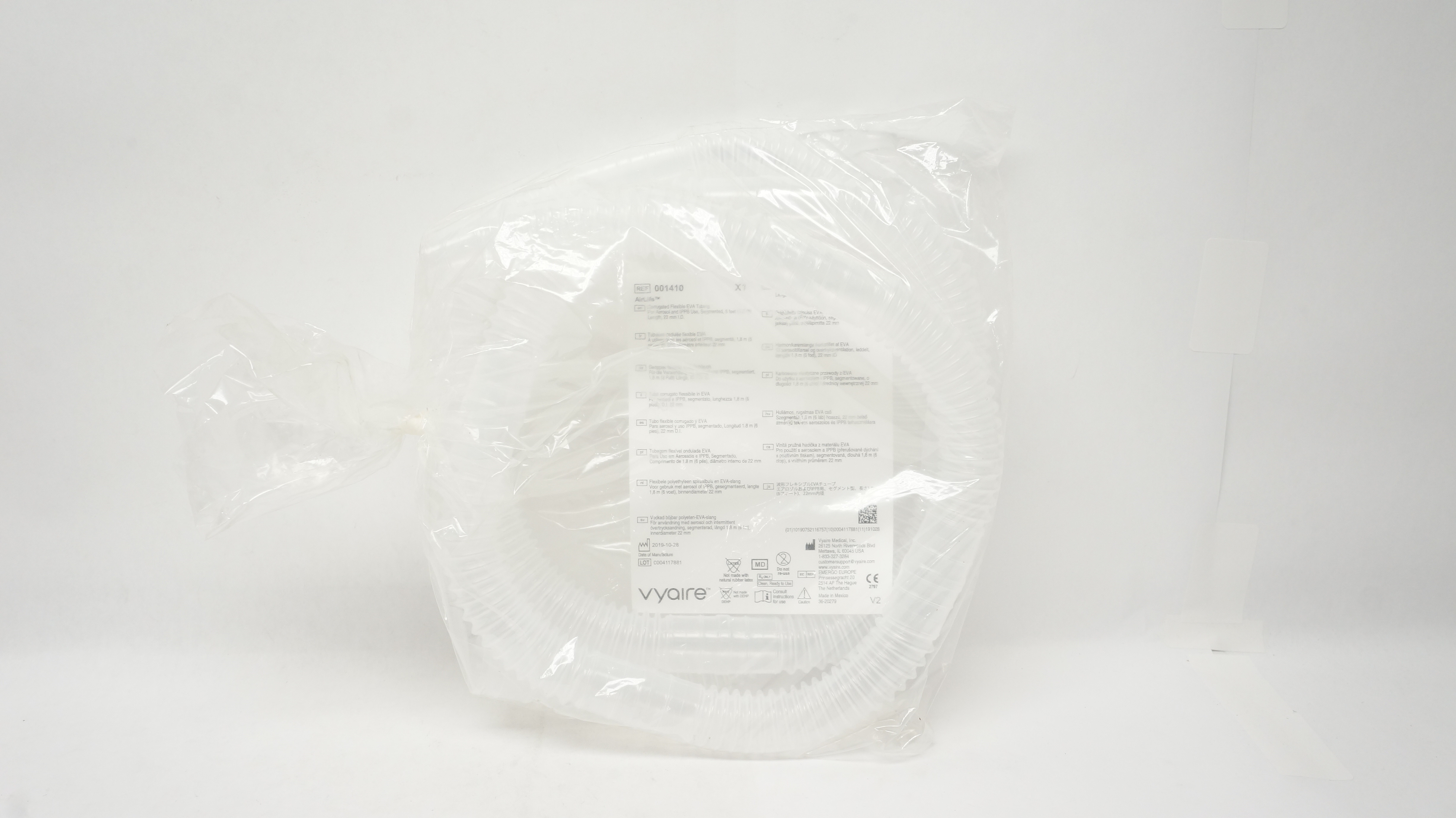 Vyaire 001410 AirLife Corrugated Flexible EVA Tubing 6ft x 22mm ID