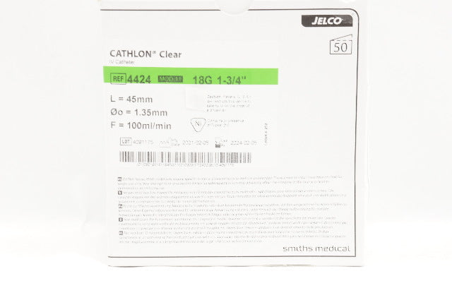 Smiths Medical 4424 Cathlon Clear IV Cath.18G x 1-3/4inch 100ml/min - Box of 50