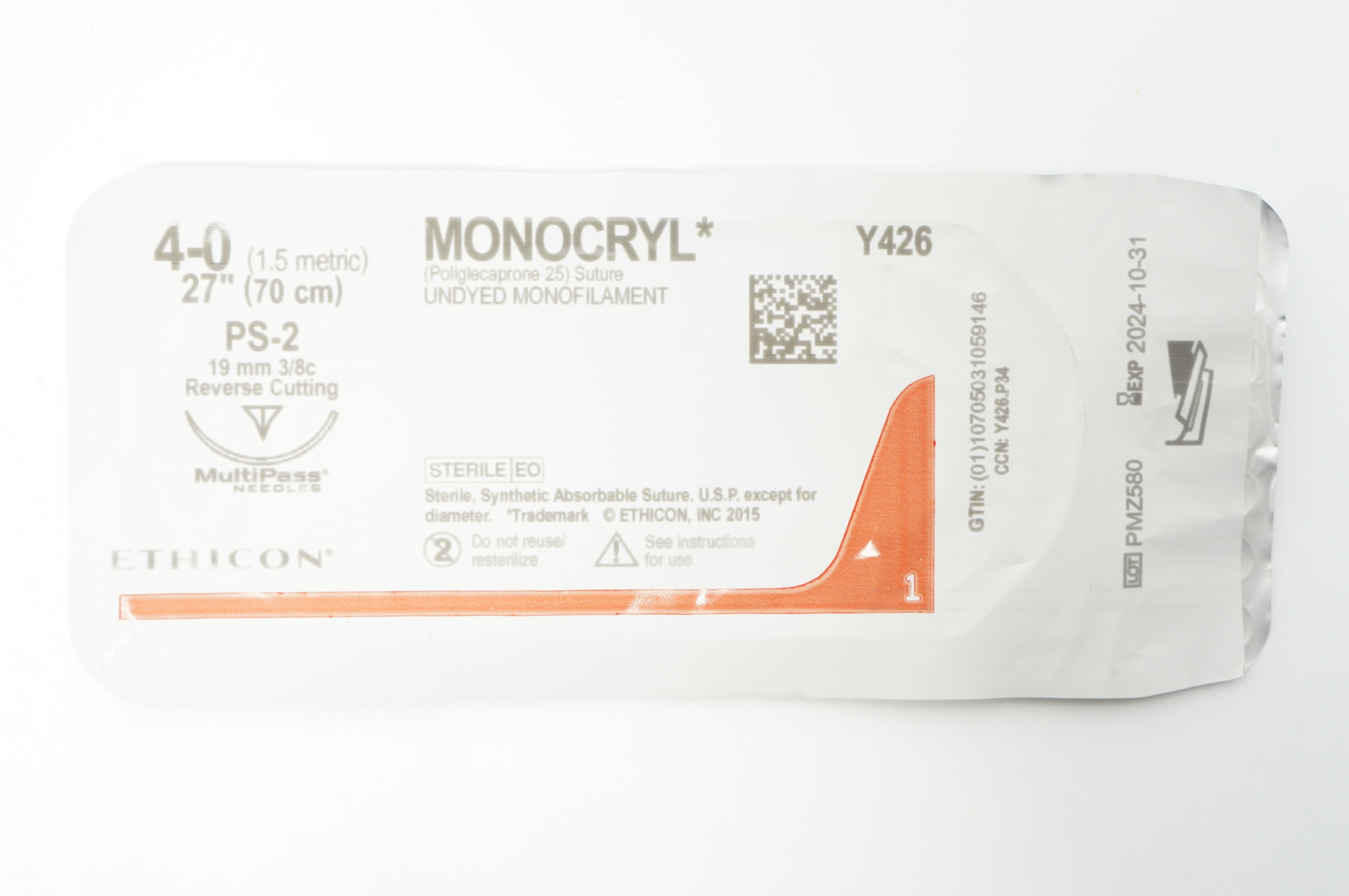Ethicon Y426 4-0 MONOCRYL Undyed S-2 19mm 3/8c Reverse Cutting, 27inch (x)