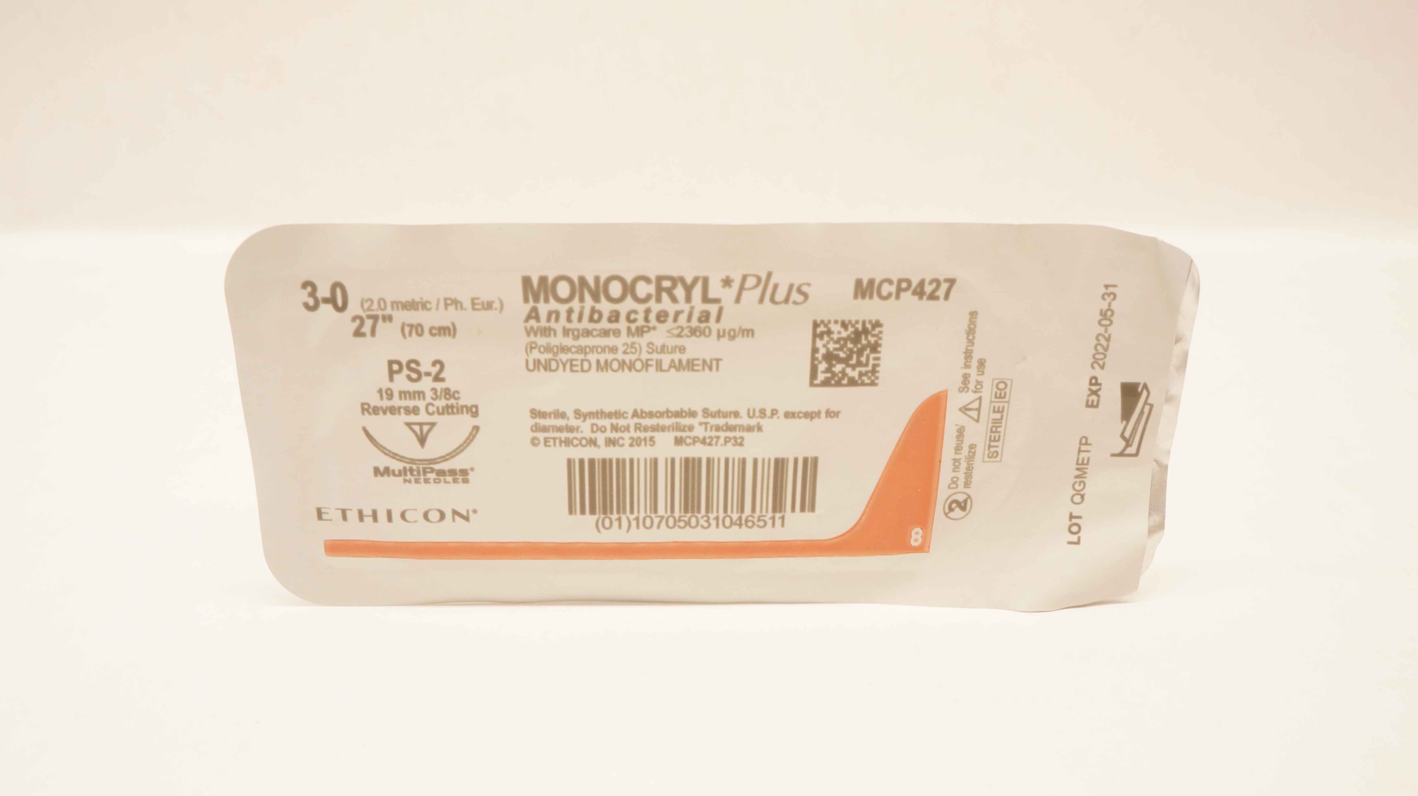 Ethicon MCP427 3-0 Monocryl Plus, PS-2, 19mm 3/8c Reverse Cutting, 27inch (x)