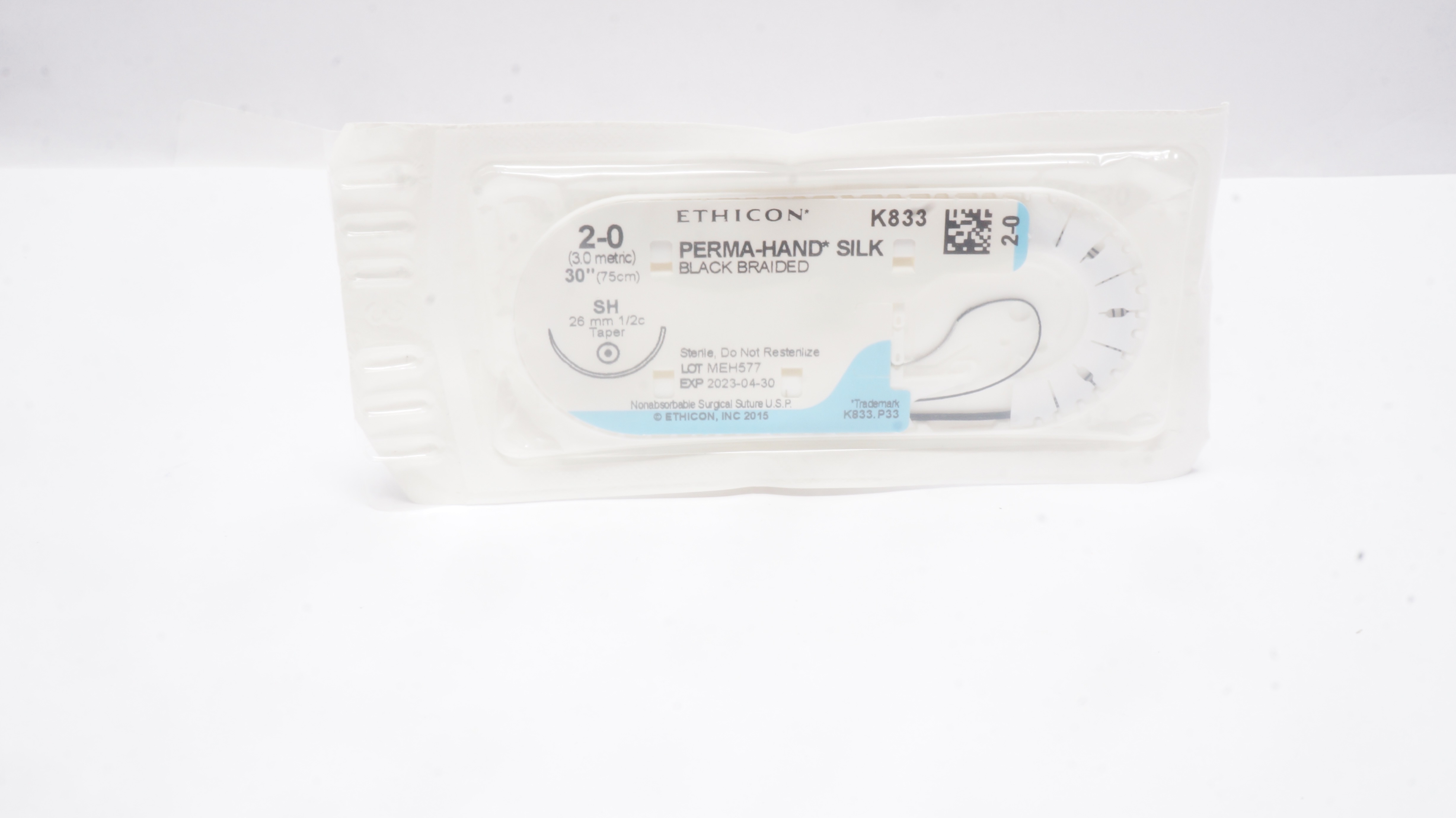 Ethicon K833 2-0 PERMA-HAND SILK Stre SH 26mm 1/2c Taper, 30inch (x)