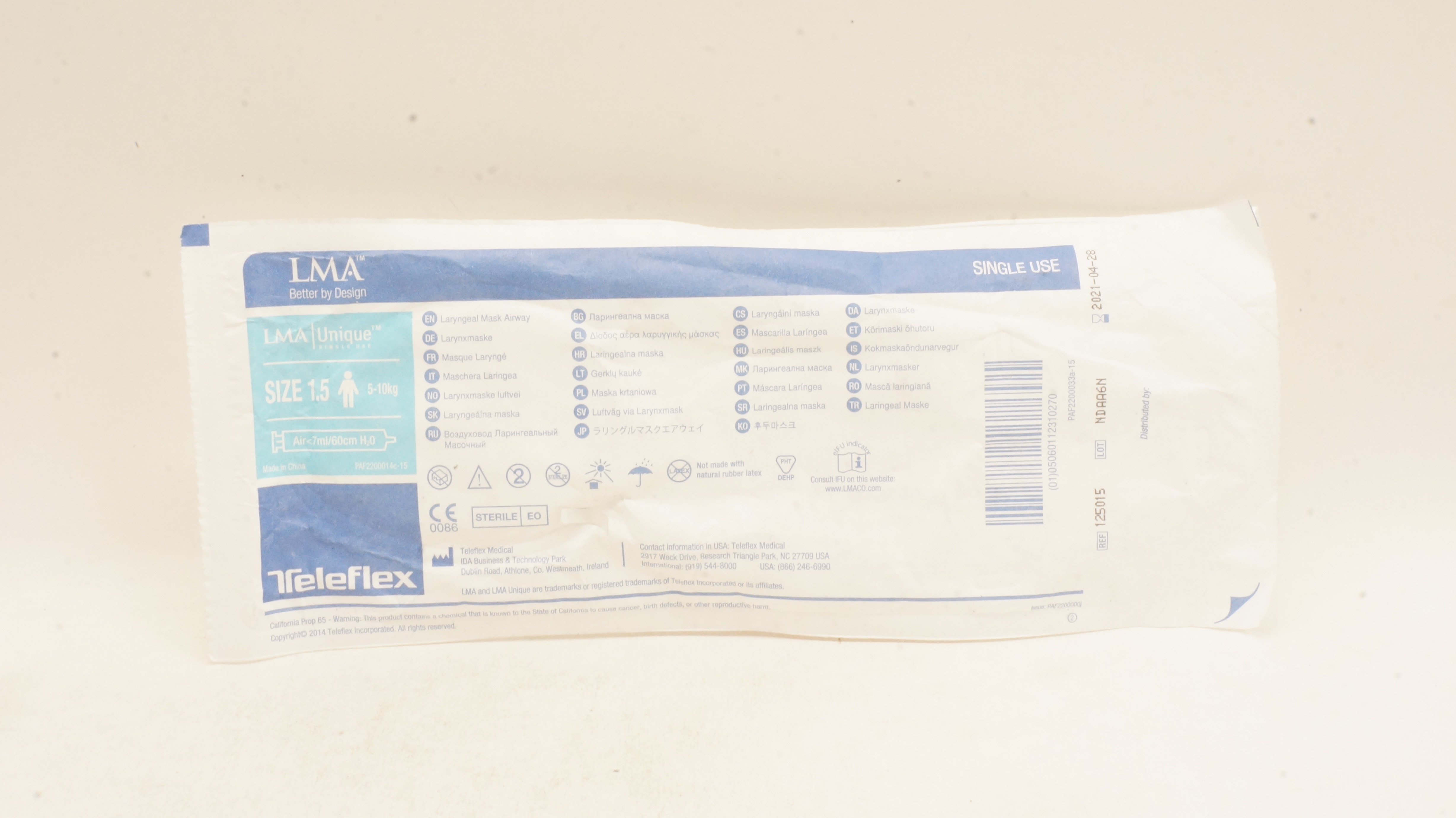 Teleflex 125015 LMA Unique Laryngeal Mask Airway Size 1.5 5-10kg Air<7mL/60cm(x)